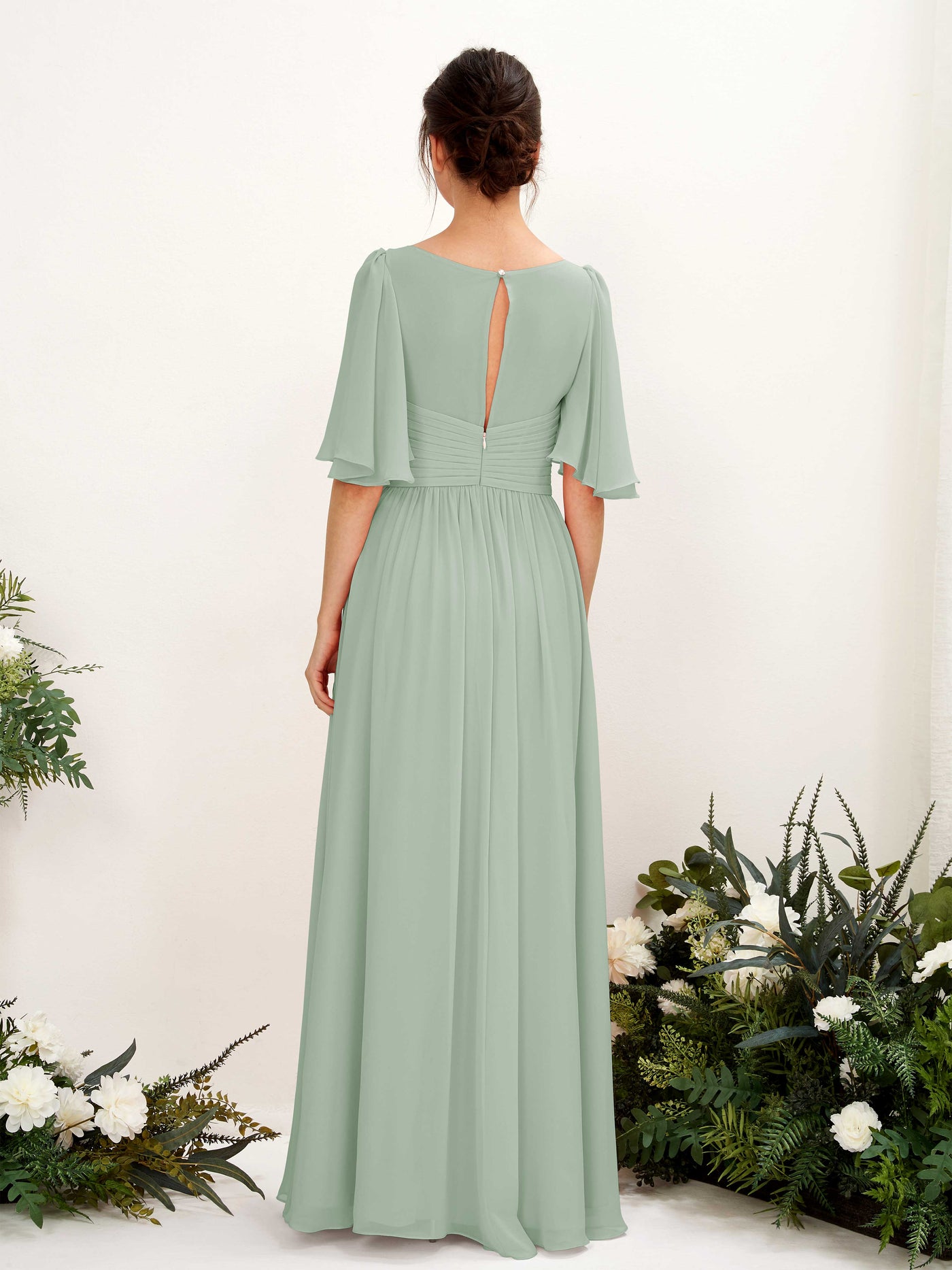 Carlyna Vestido Línea A escote en V manga corta hasta el suelo de gasa Verde Salvia #color_verde-salvia