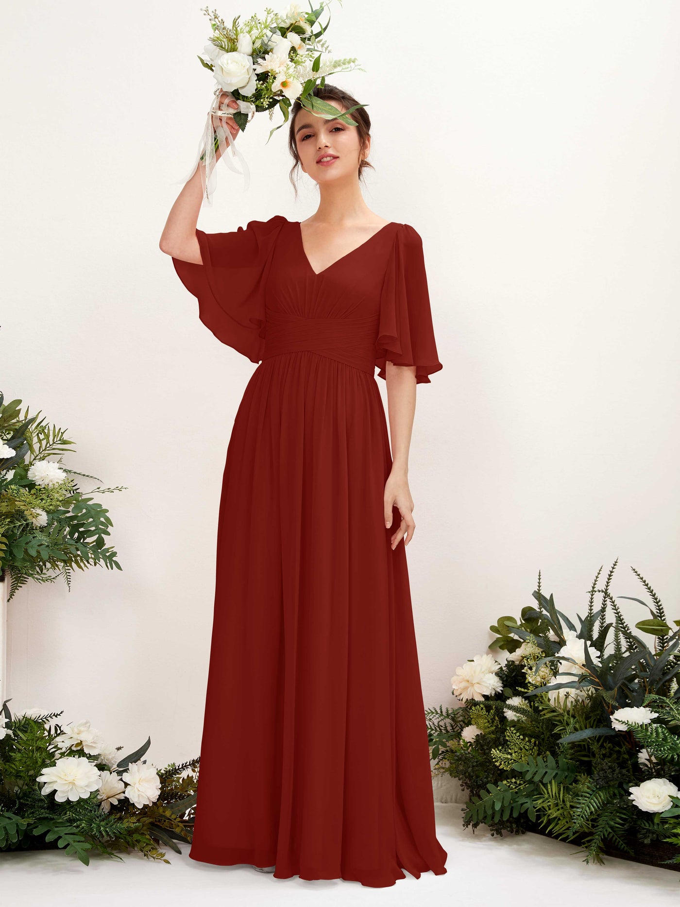 Carlyna Vestido Línea A escote en V manga corta hasta el suelo de gasa Óxido #color_xido