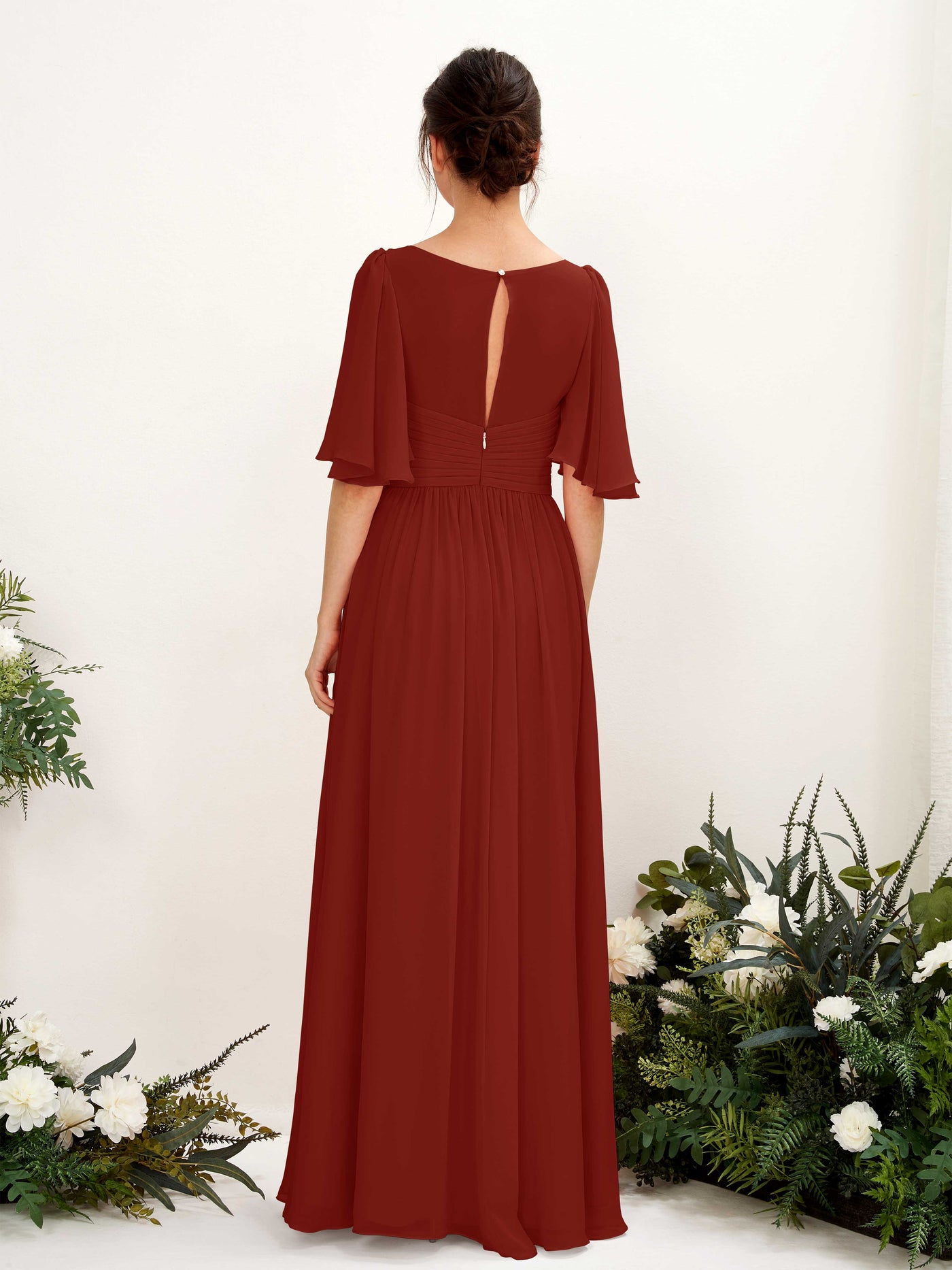 Carlyna Vestido Línea A escote en V manga corta hasta el suelo de gasa Óxido #color_xido