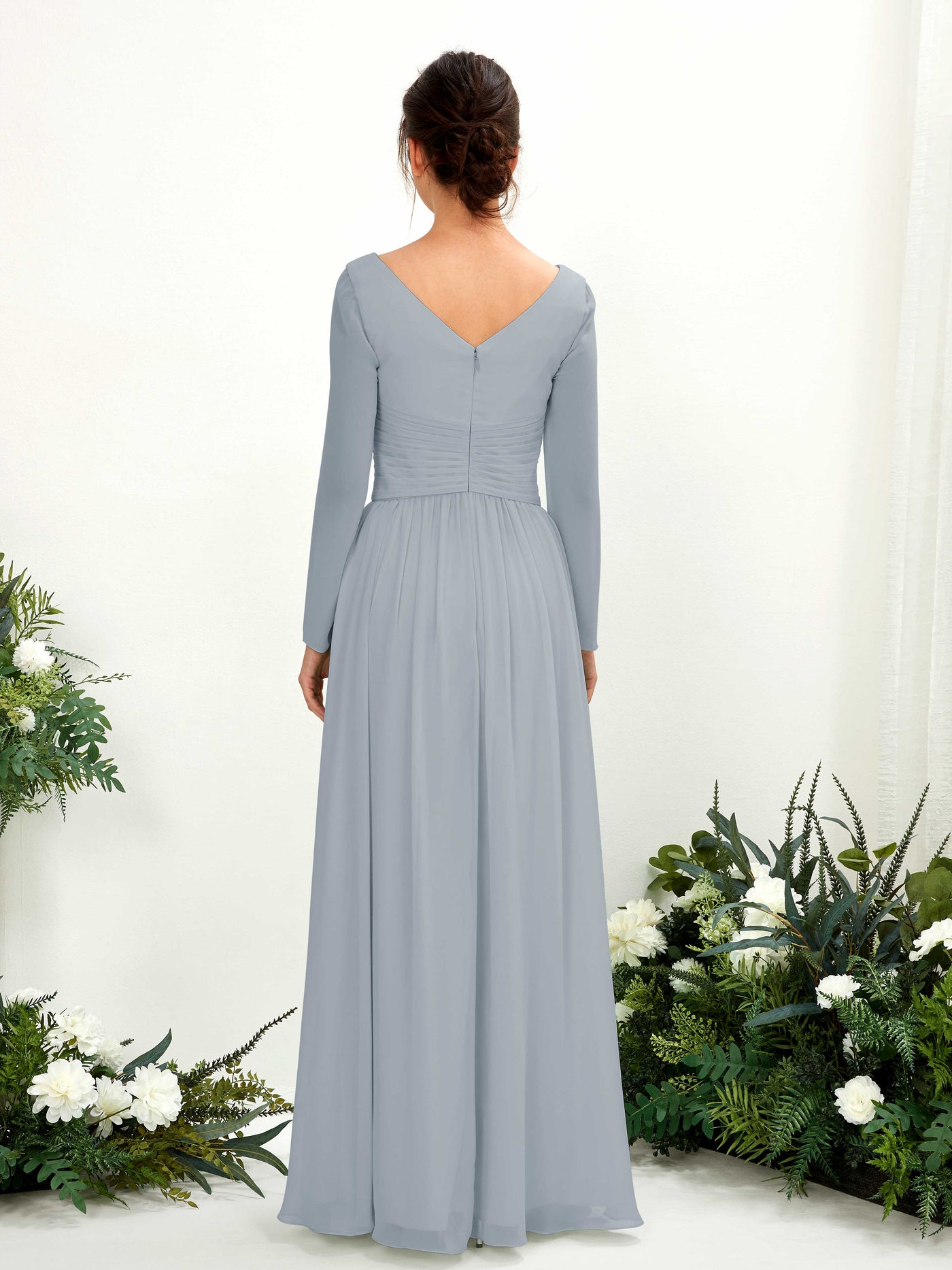 Carlyna Vestido línea A Escote en V Manga larga hasta el suelo dama de honor Azul Empolvado Mejorado #color_azul-empolvado-mejorado