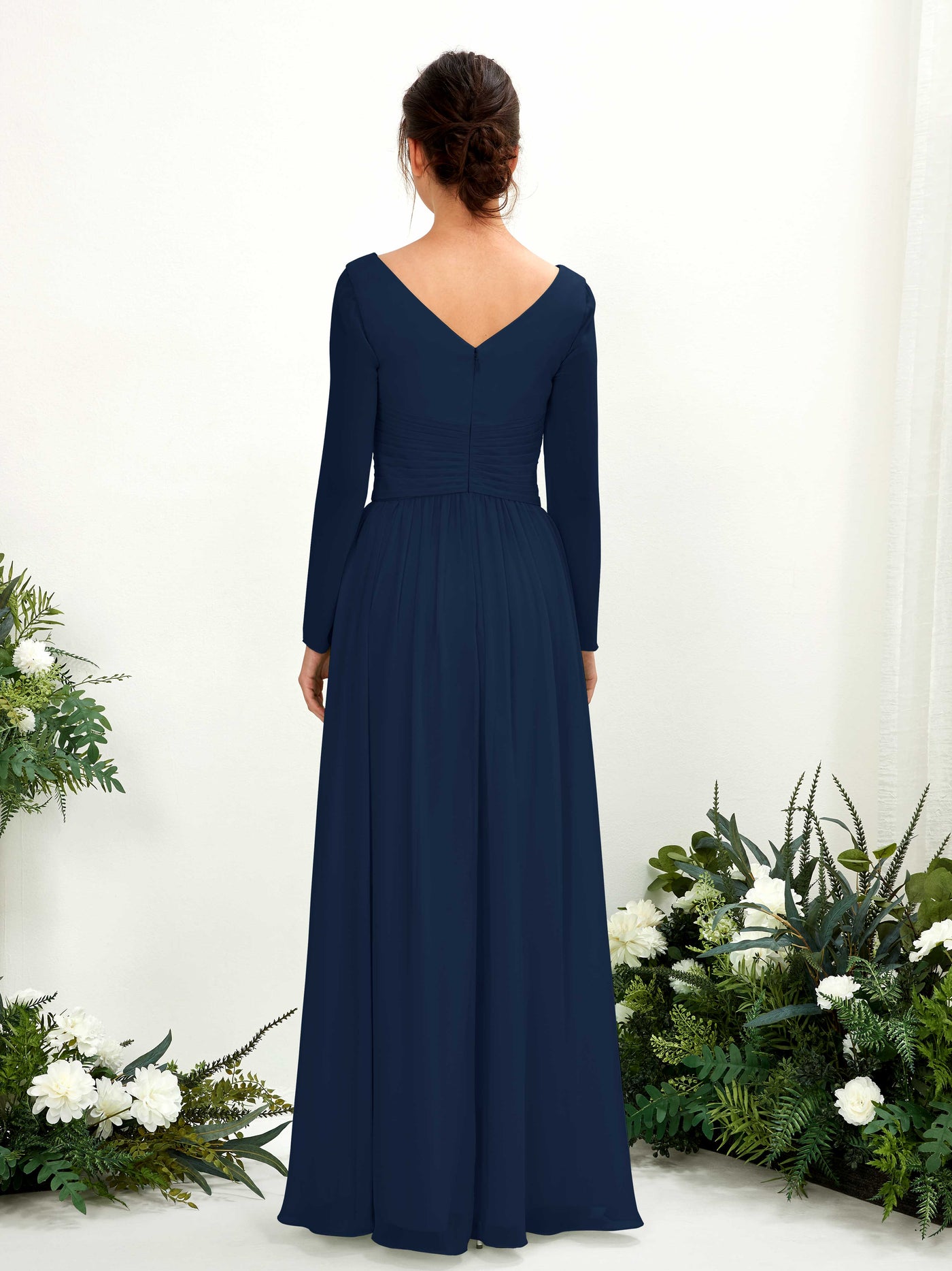 Carlyna Vestido línea A Escote en V Manga larga hasta el suelo dama de honor Azul Marino #color_azul-marino