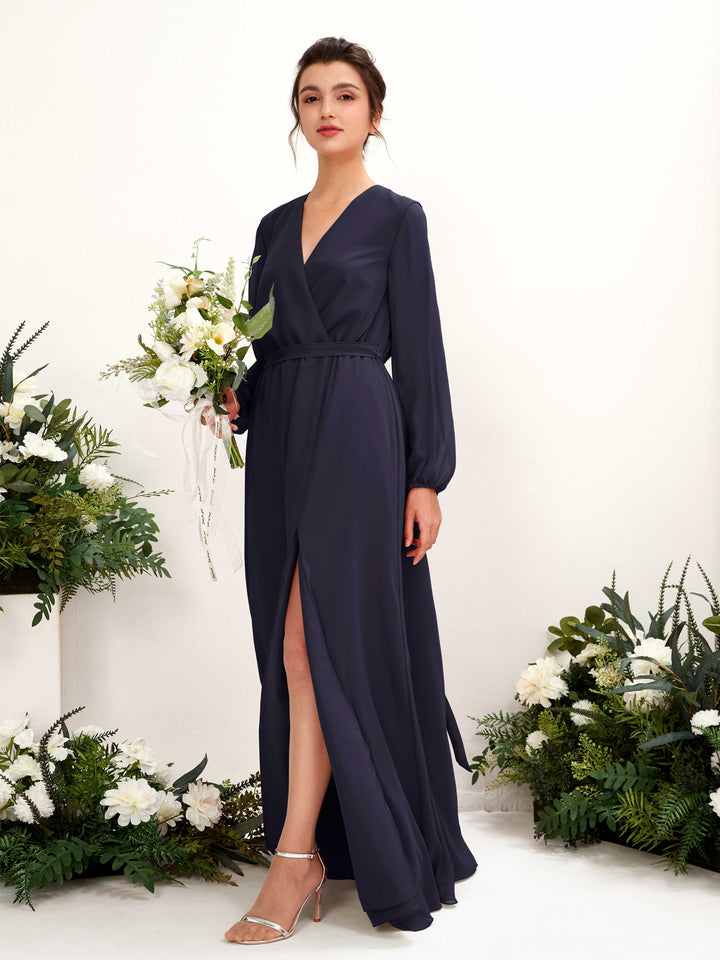 Carlyna Vestido línea A escote en V manga larga hasta el suelo dama de honor Azul Marino Oscuro 