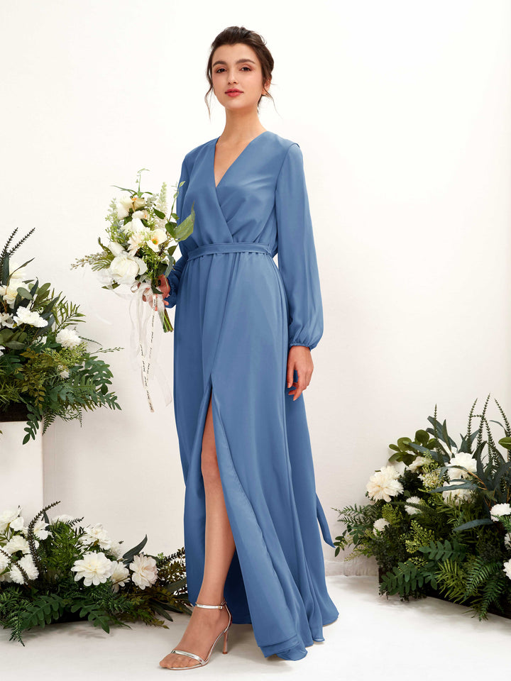 Carlyna Vestido línea A escote en V manga larga hasta el suelo dama de honor Azul polvoriento 
