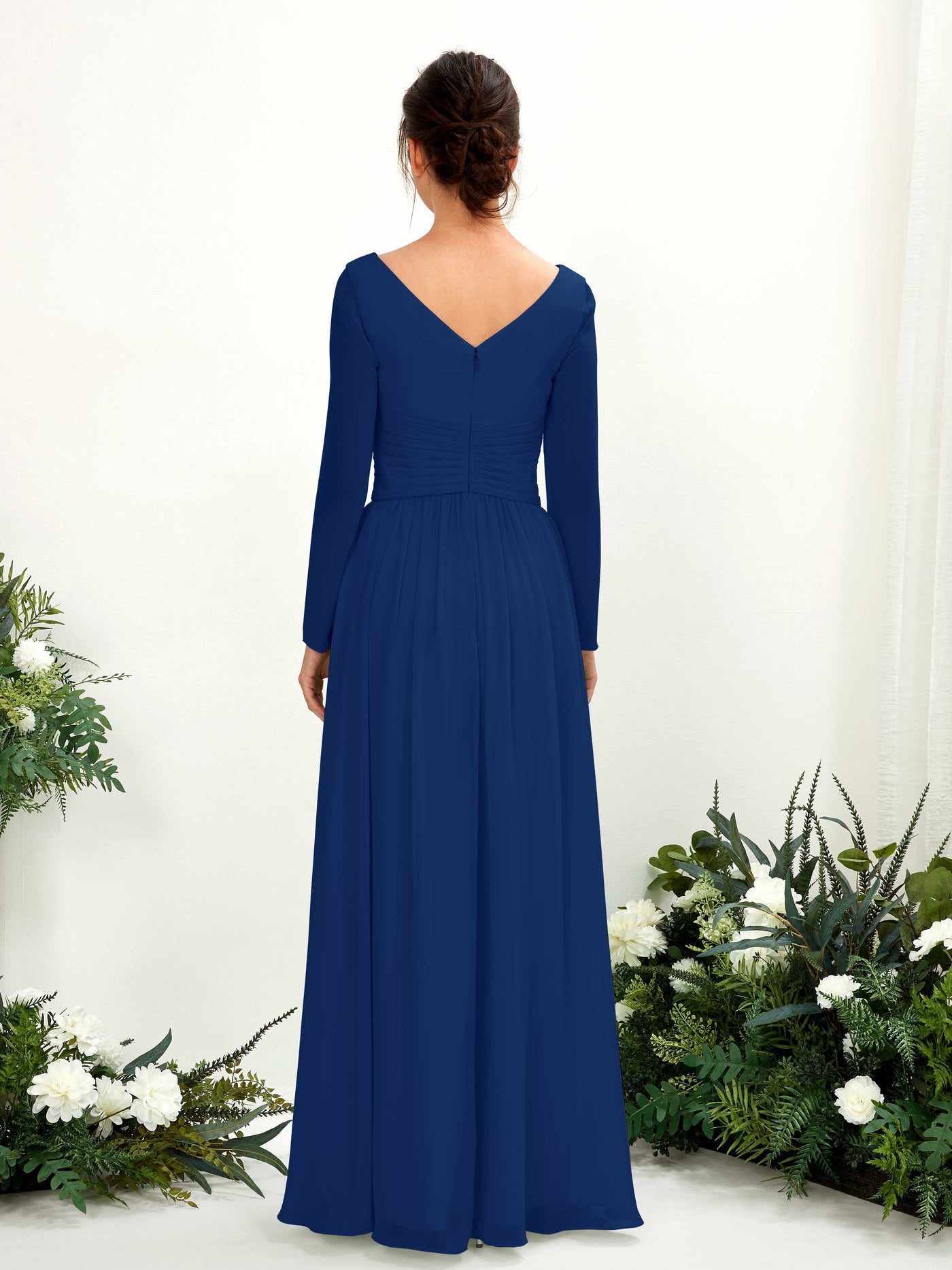 Carlyna Vestido línea A Escote en V Manga larga hasta el suelo dama de honor Azul Real #color_azul-real