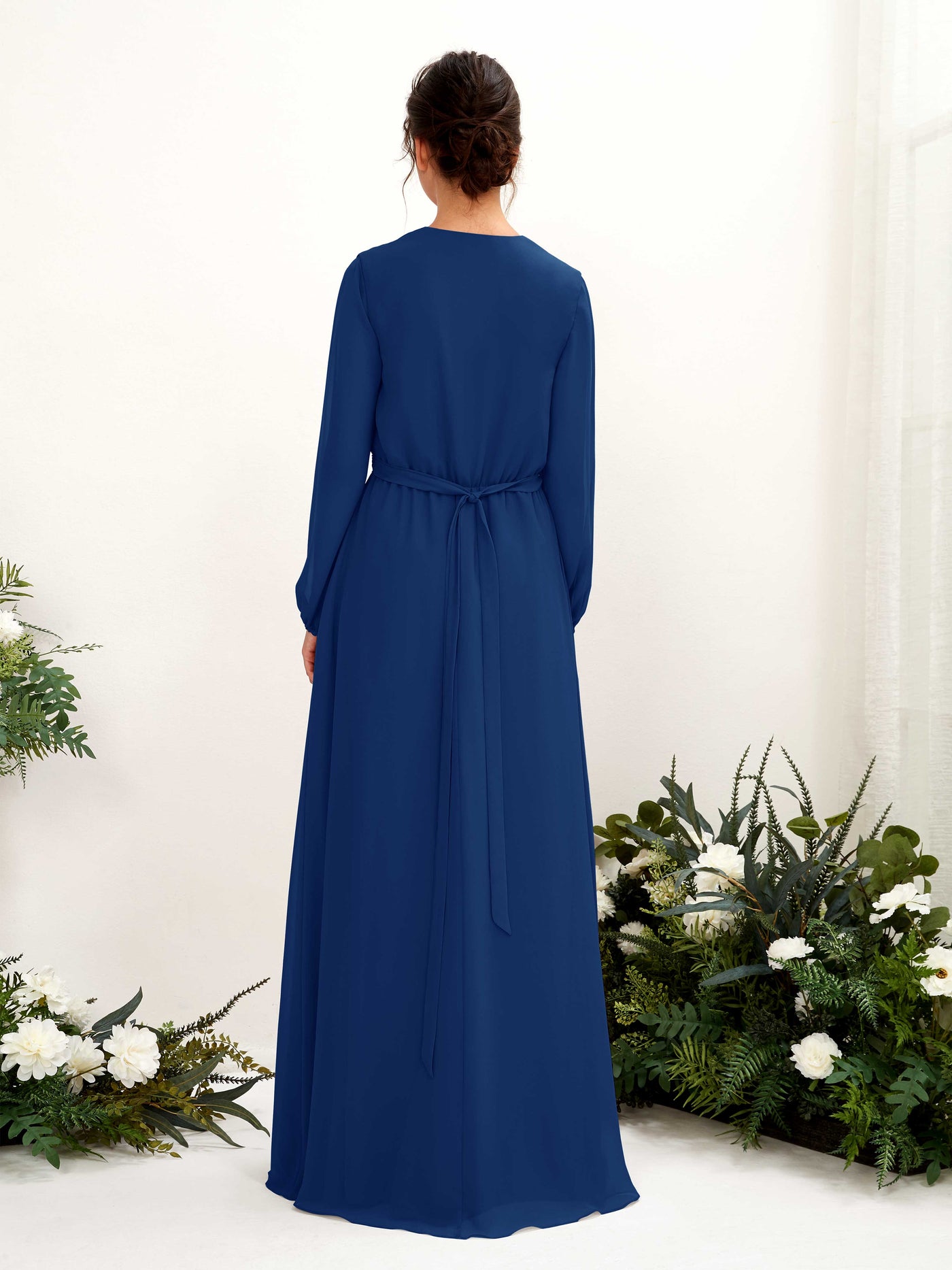 Carlyna Vestido línea A escote en V manga larga hasta el suelo dama de honor Azul Real #color_azul-real