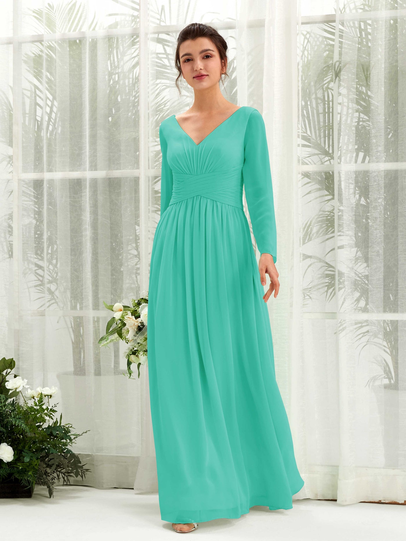 Carlyna Vestido línea A Escote en V Manga larga hasta el suelo dama de honor Azul Tiffany #color_azul-tiffany