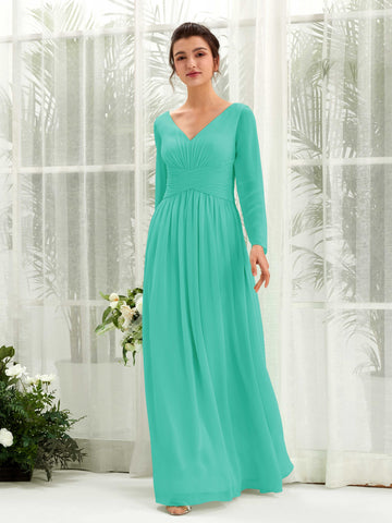 Carlyna Vestido línea A Escote en V Manga larga hasta el suelo dama de honor Azul Tiffany #color_azul-tiffany