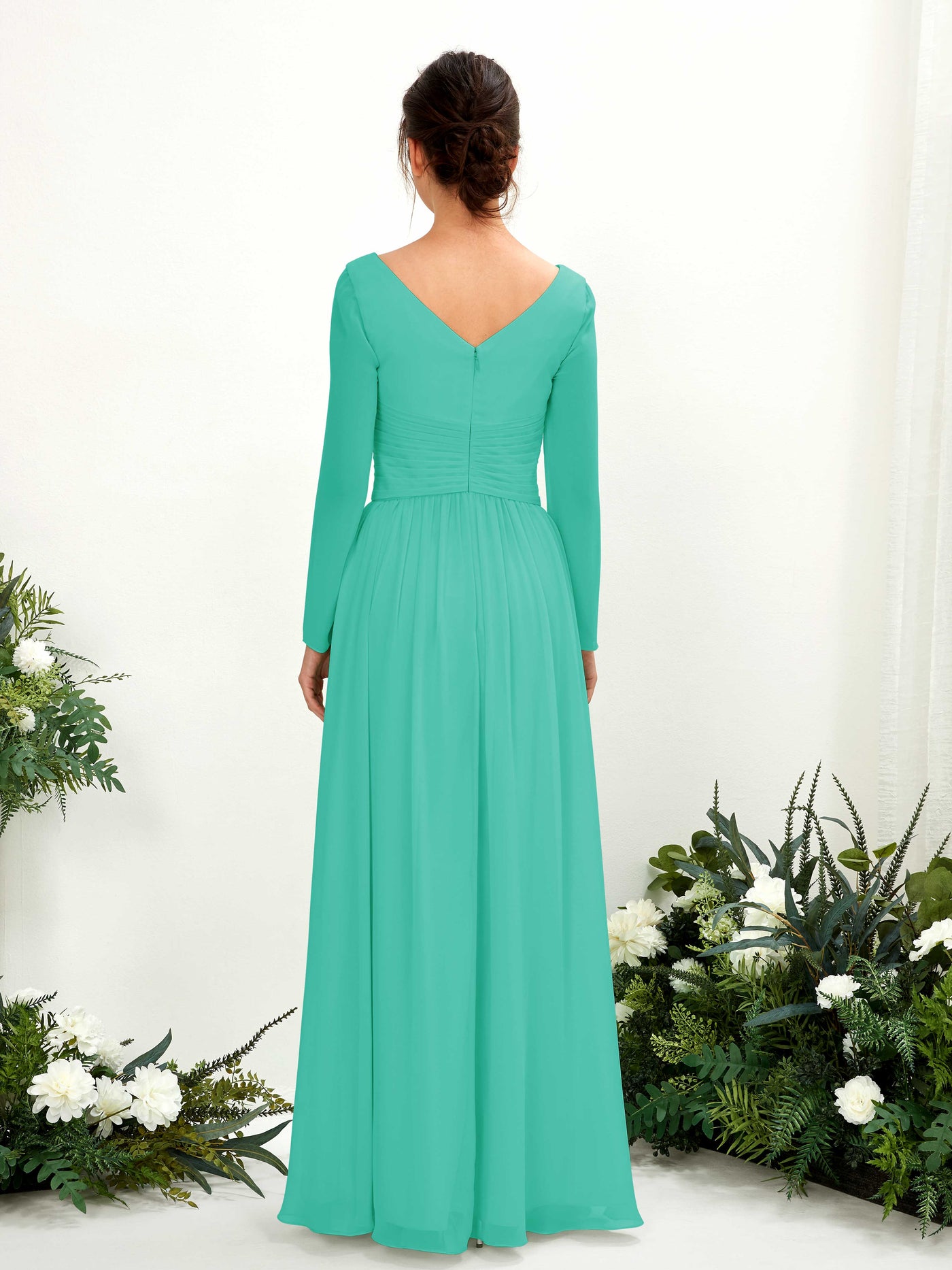 Carlyna Vestido línea A Escote en V Manga larga hasta el suelo dama de honor Azul Tiffany #color_azul-tiffany