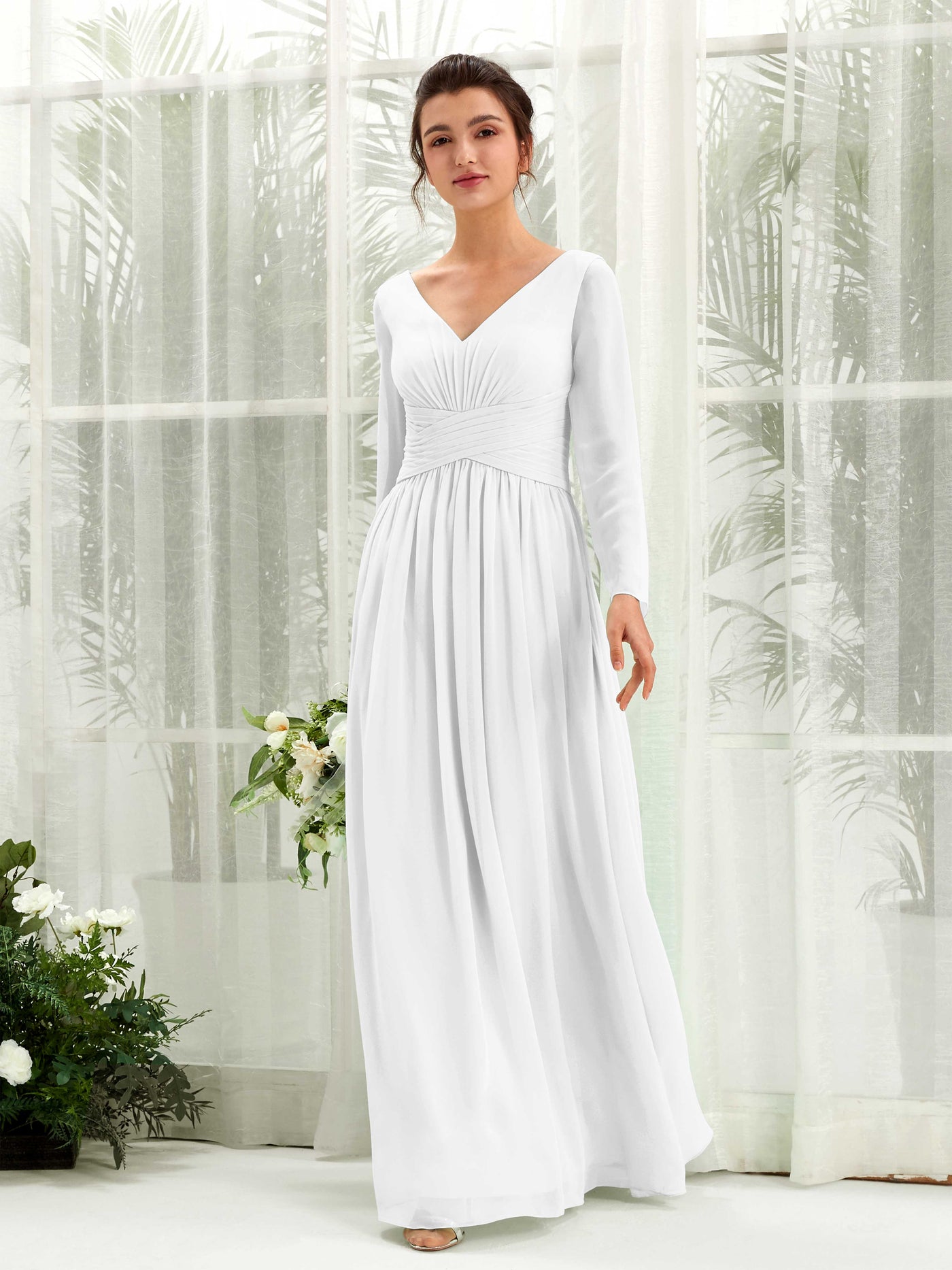 Carlyna Vestido línea A Escote en V Manga larga hasta el suelo dama de honor Blanco #color_blanco