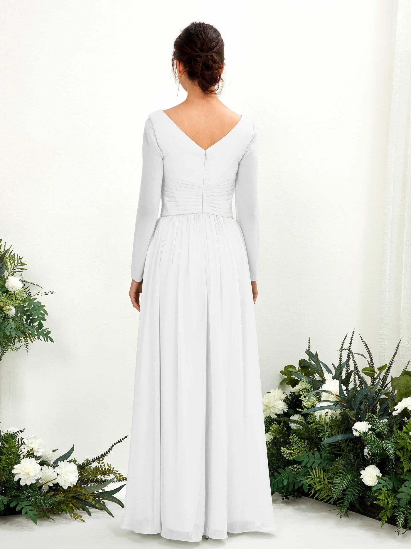 Carlyna Vestido línea A Escote en V Manga larga hasta el suelo dama de honor Blanco #color_blanco