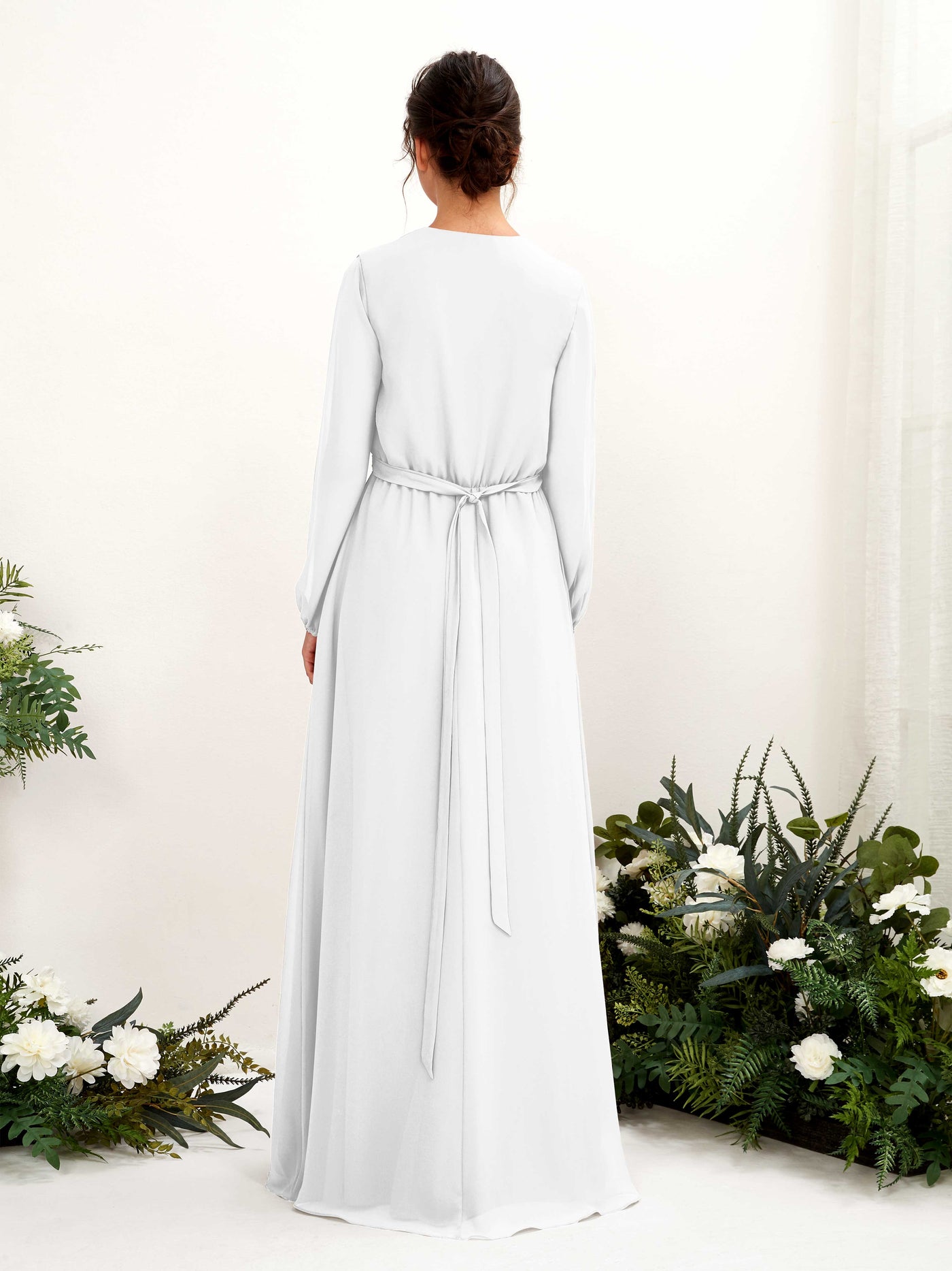 Carlyna Vestido línea A escote en V manga larga hasta el suelo dama de honor Blanco #color_blanco