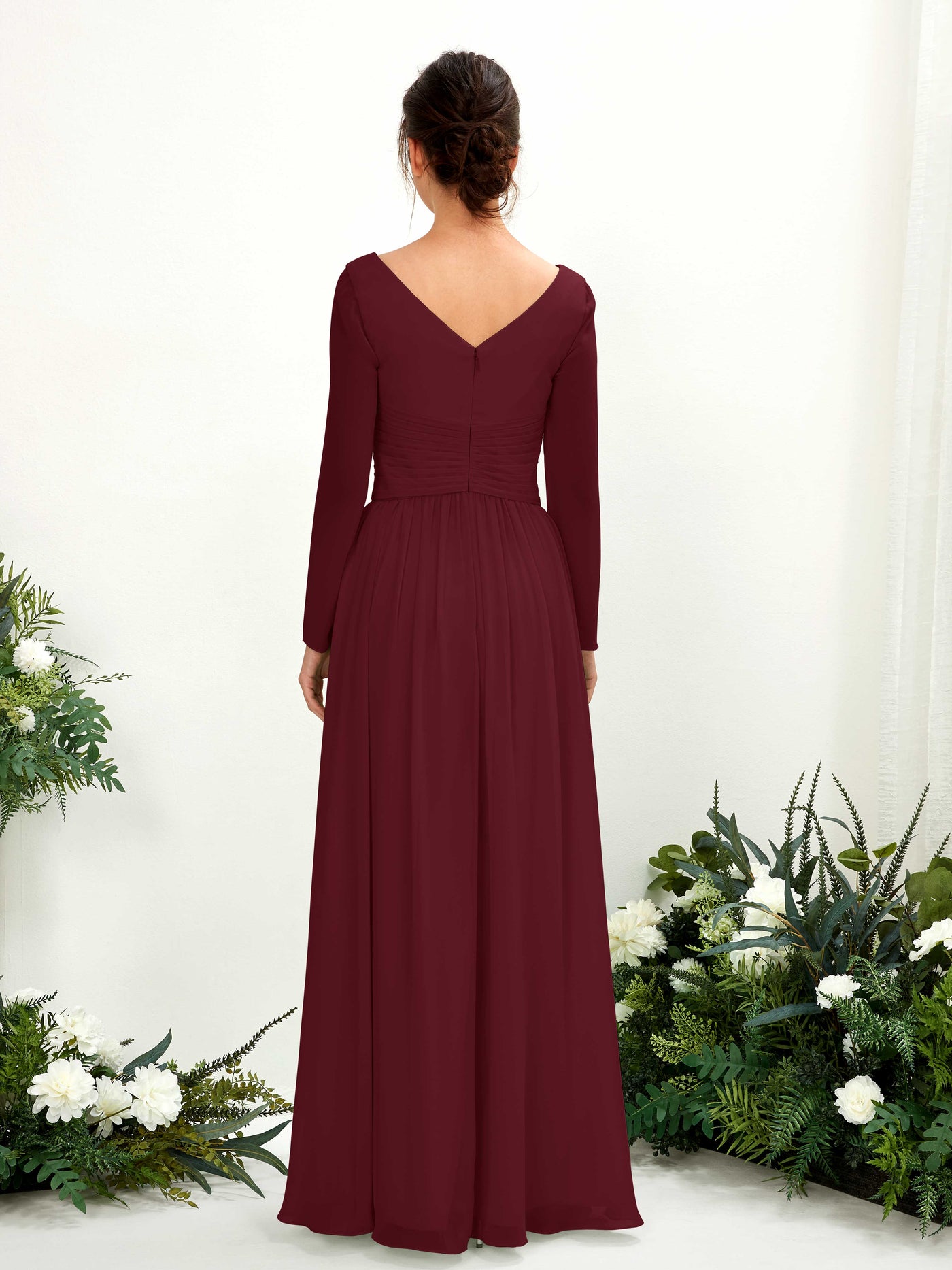 Carlyna Vestido línea A Escote en V Manga larga hasta el suelo dama de honor Borgoña #color_borgo-a