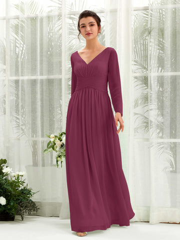 Carlyna Vestido línea A Escote en V Manga larga hasta el suelo dama de honor Chianti #color_chianti