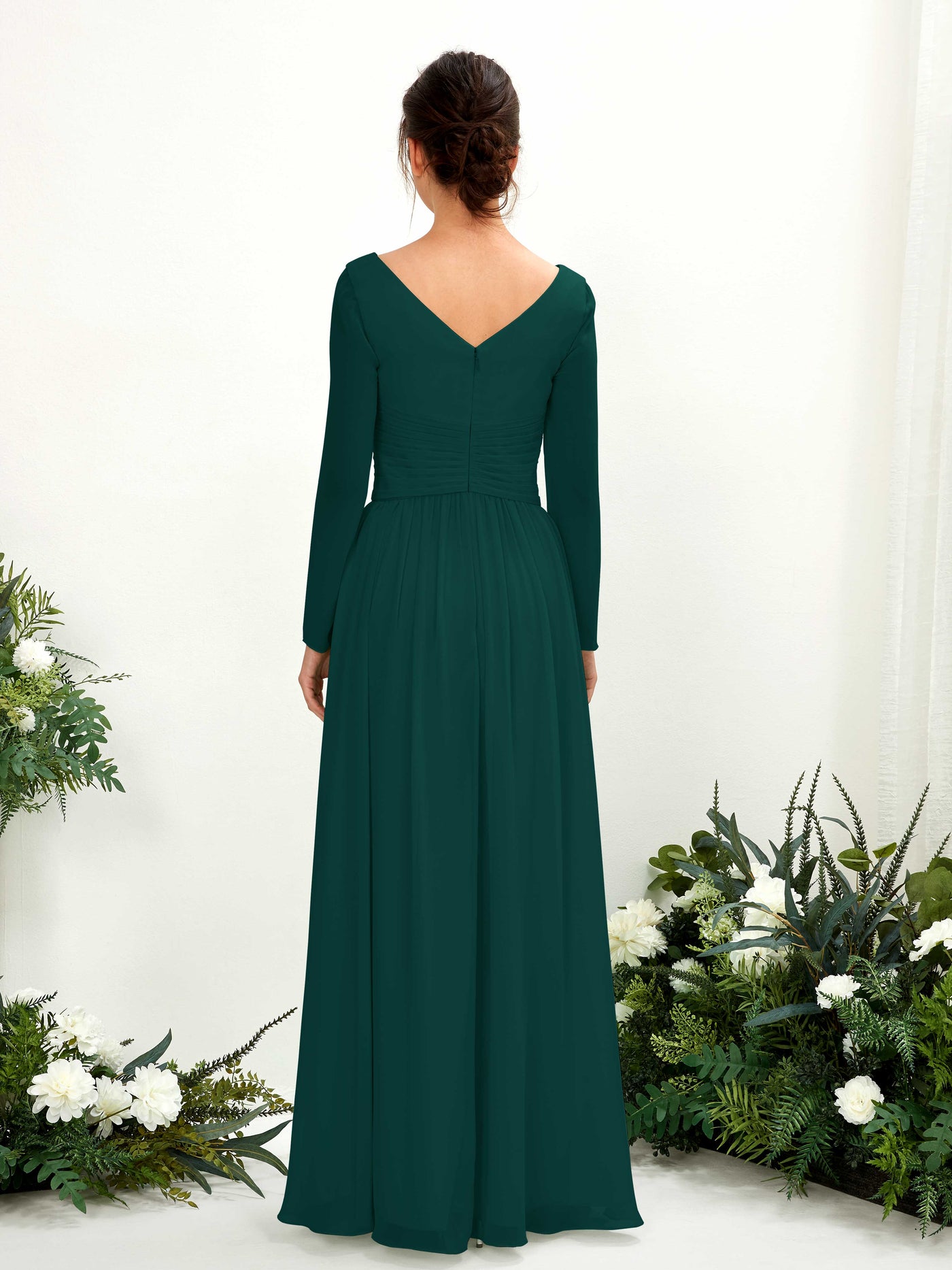 Carlyna Vestido línea A Escote en V Manga larga hasta el suelo dama de honor Esmeralda Oscuro #color_esmeralda-oscuro