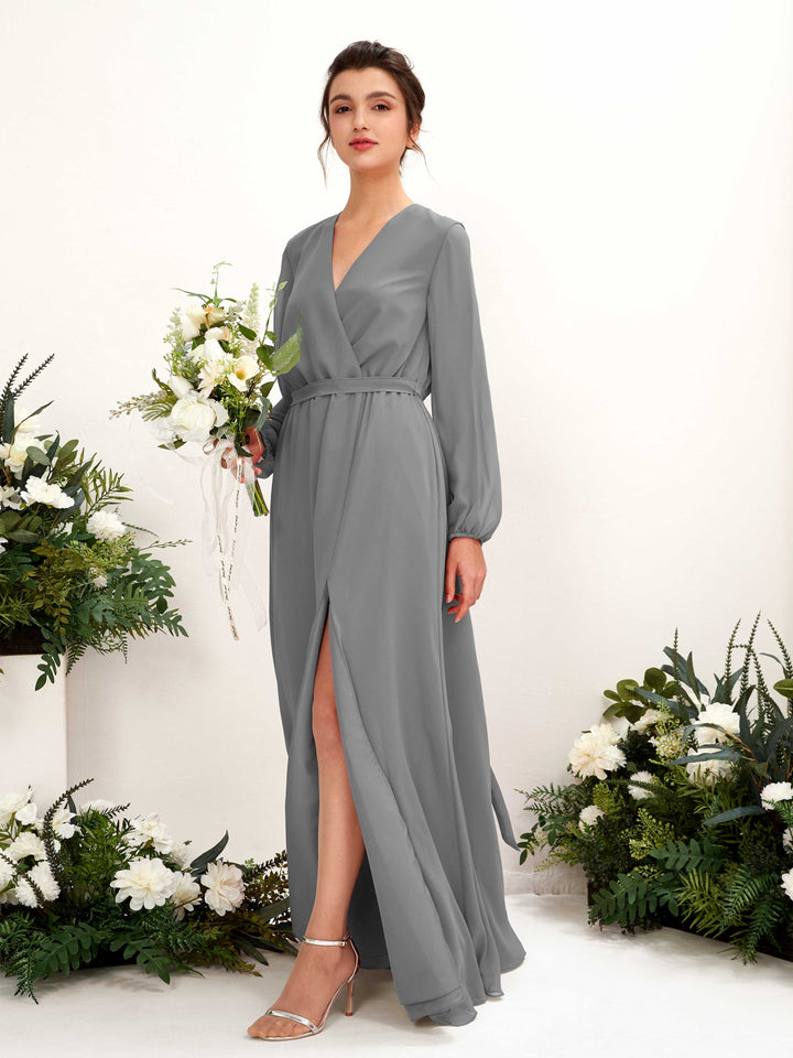 Carlyna Vestido línea A escote en V manga larga hasta el suelo dama de honor Gris Acero 