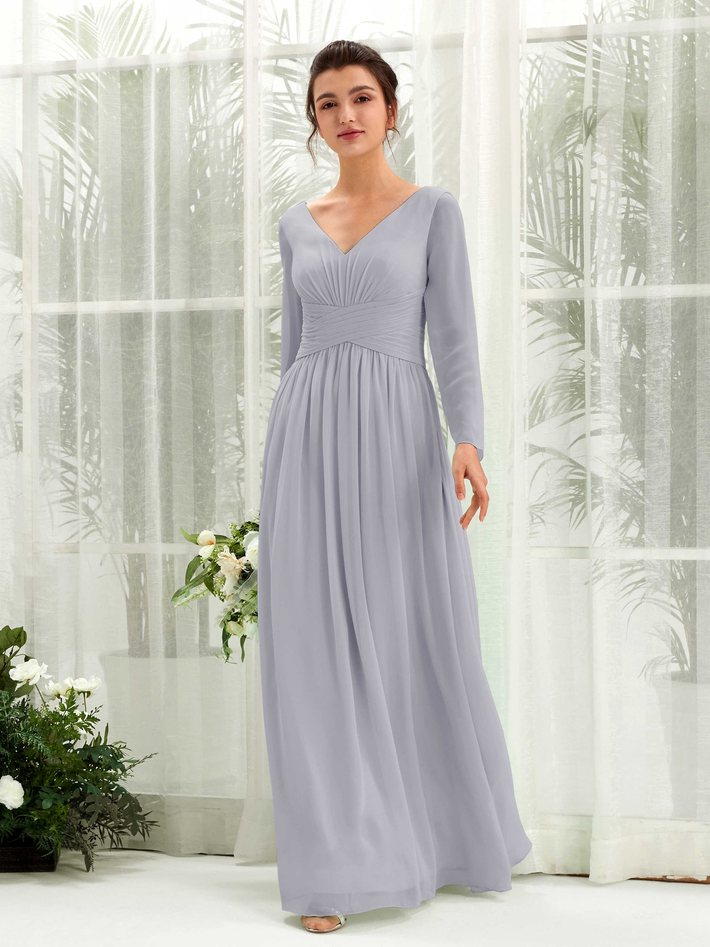 Carlyna Vestido línea A Escote en V Manga larga hasta el suelo dama de honor Lavanda Viejo #color_lavanda-viejo