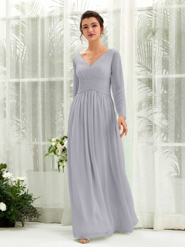 Carlyna Vestido línea A Escote en V Manga larga hasta el suelo dama de honor Lavanda Viejo #color_lavanda-viejo