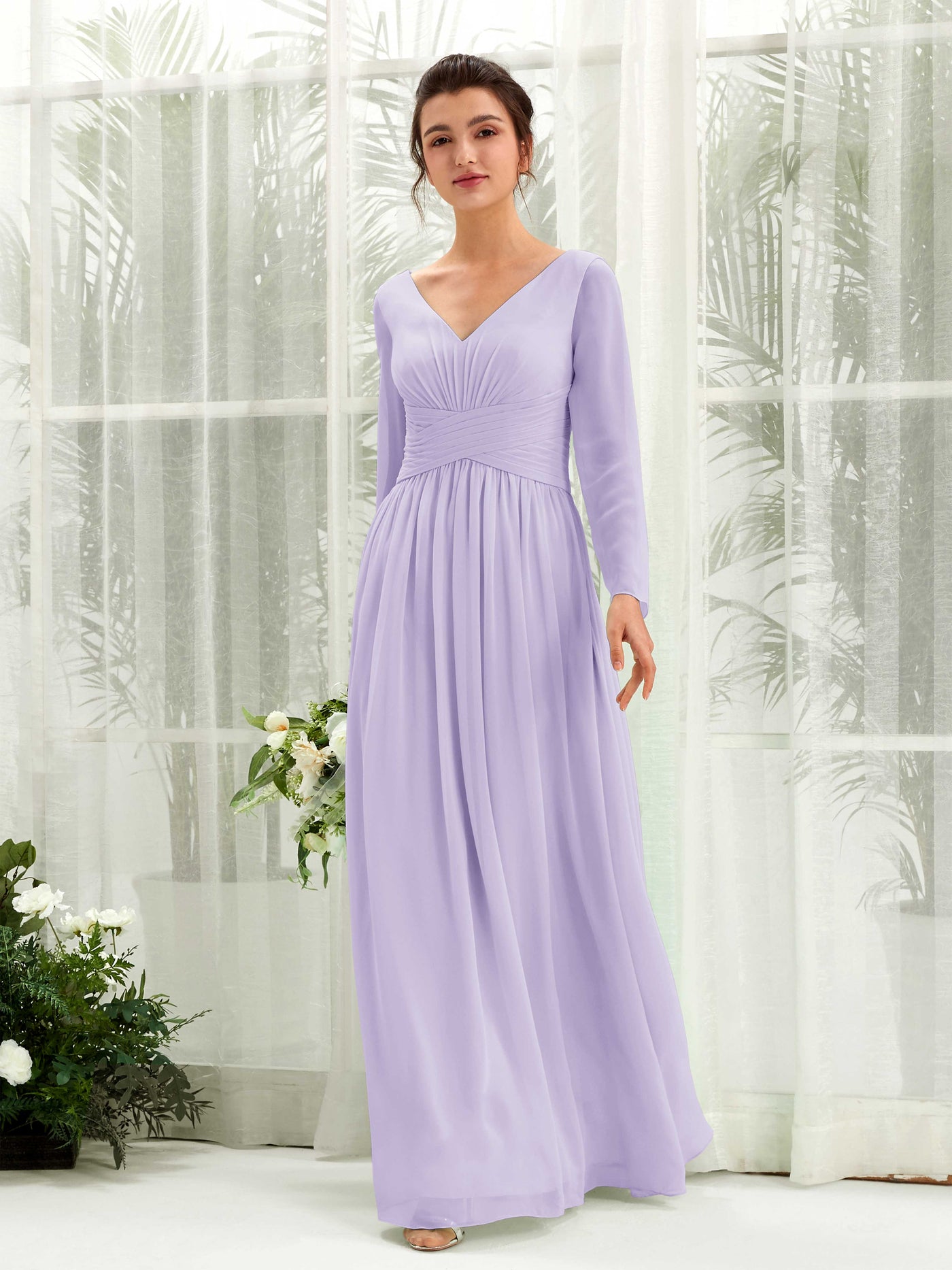 Carlyna Vestido línea A Escote en V Manga larga hasta el suelo dama de honor Lila #color_lila