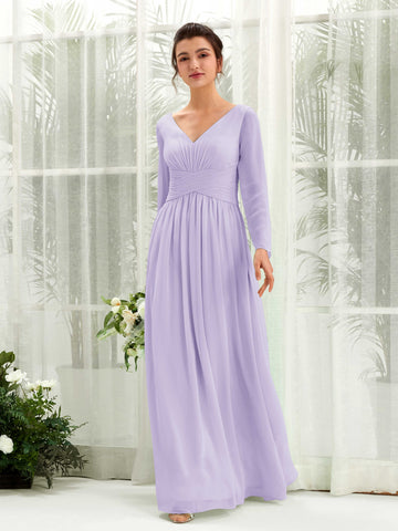 Carlyna Vestido línea A Escote en V Manga larga hasta el suelo dama de honor Lila #color_lila