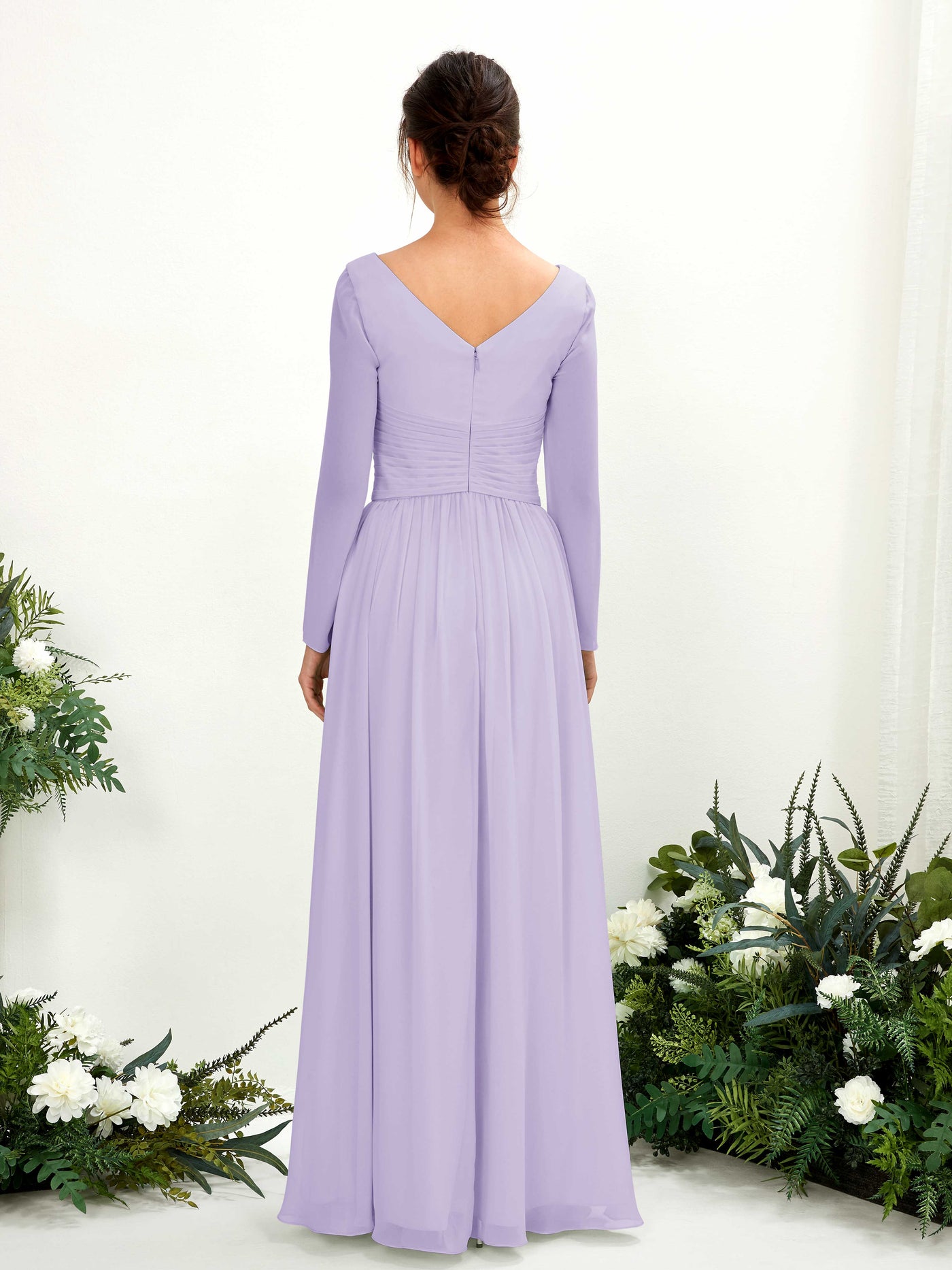 Carlyna Vestido línea A Escote en V Manga larga hasta el suelo dama de honor Lila #color_lila