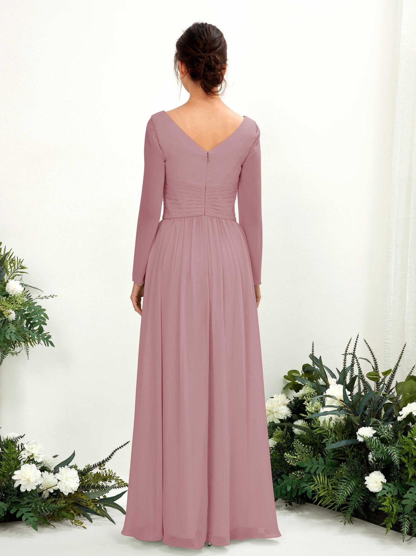 Carlyna Vestido línea A Escote en V Manga larga hasta el suelo dama de honor Malva Clásico #color_malva-cl-sico