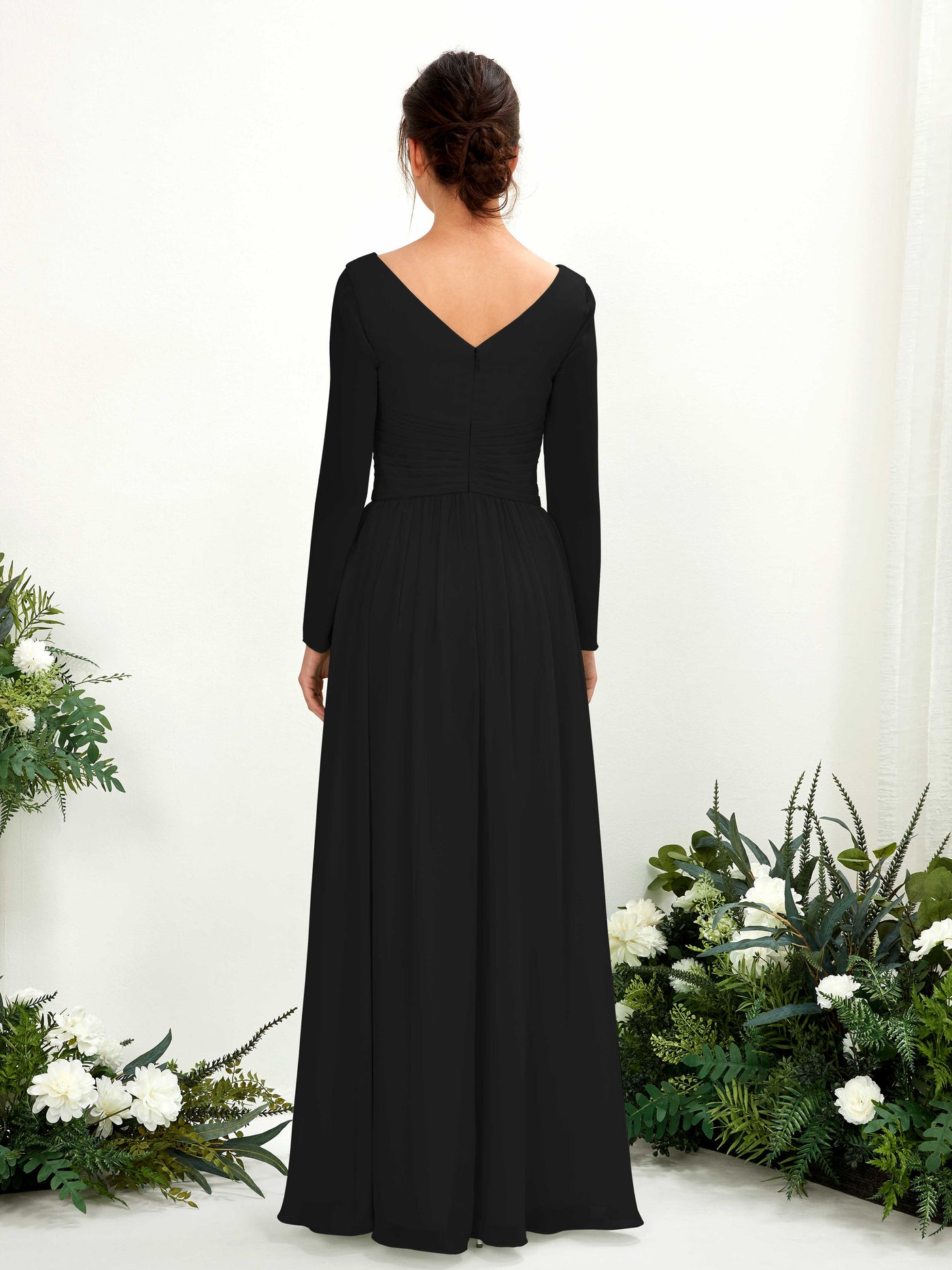 Carlyna Vestido línea A Escote en V Manga larga hasta el suelo dama de honor Negro #color_negro