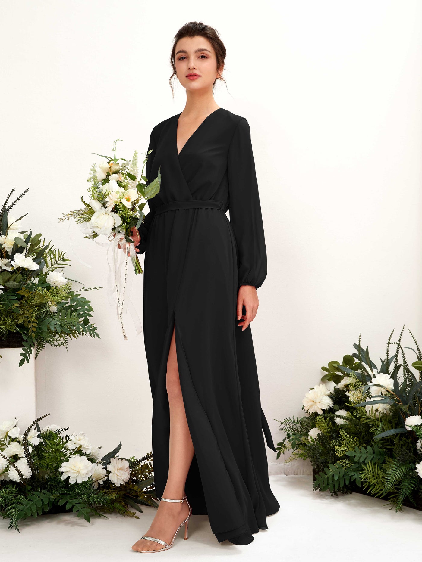 Carlyna Vestido línea A escote en V manga larga hasta el suelo dama de honor Negro #color_negro