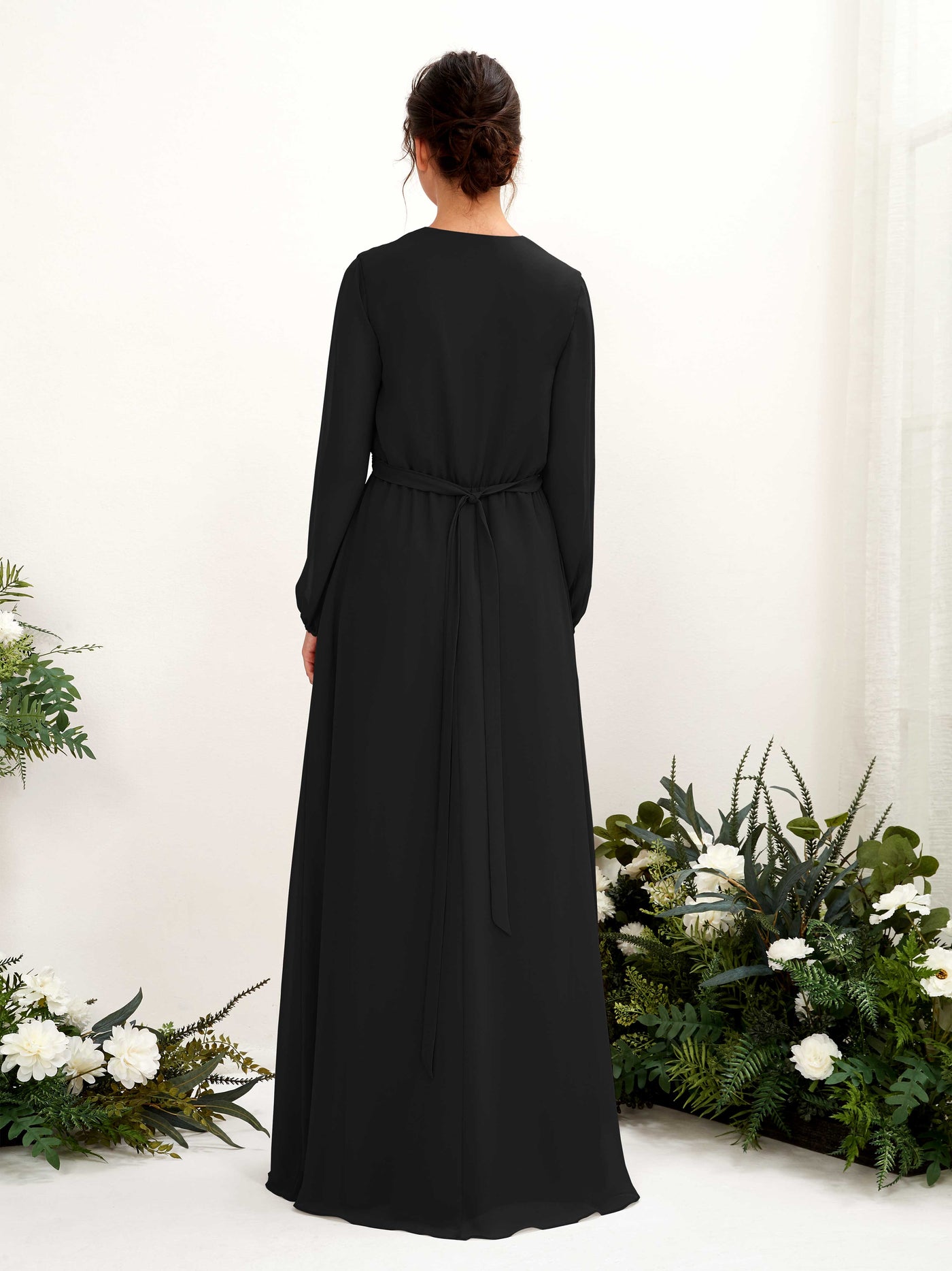 Carlyna Vestido línea A escote en V manga larga hasta el suelo dama de honor Negro #color_negro