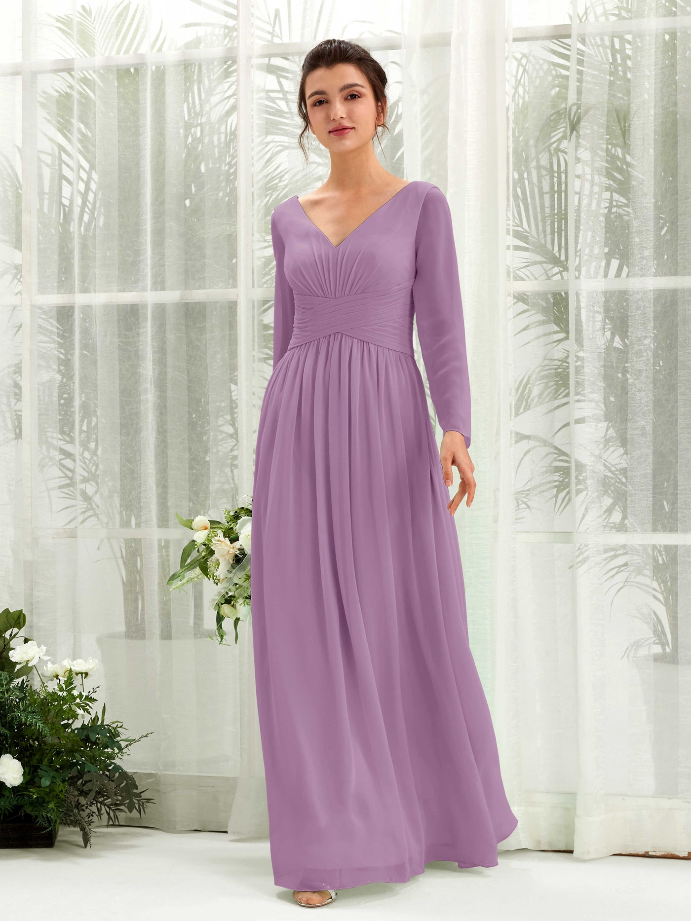 Carlyna Vestido línea A Escote en V Manga larga hasta el suelo dama de honor Niebla Orquídea #color_niebla-orqu-dea