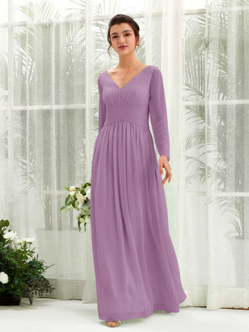 Carlyna Vestido línea A Escote en V Manga larga hasta el suelo dama de honor Niebla Orquídea #color_niebla-orqu-dea