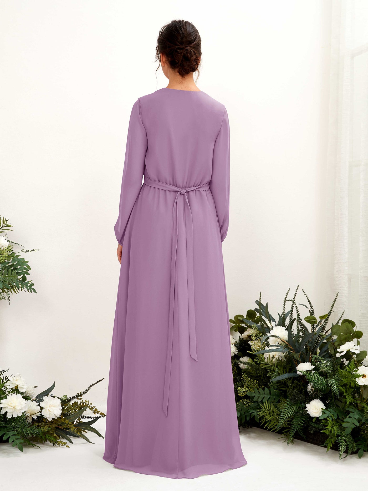 Carlyna Vestido línea A escote en V manga larga hasta el suelo dama de honor Niebla Orquídea #color_niebla-orqu-dea