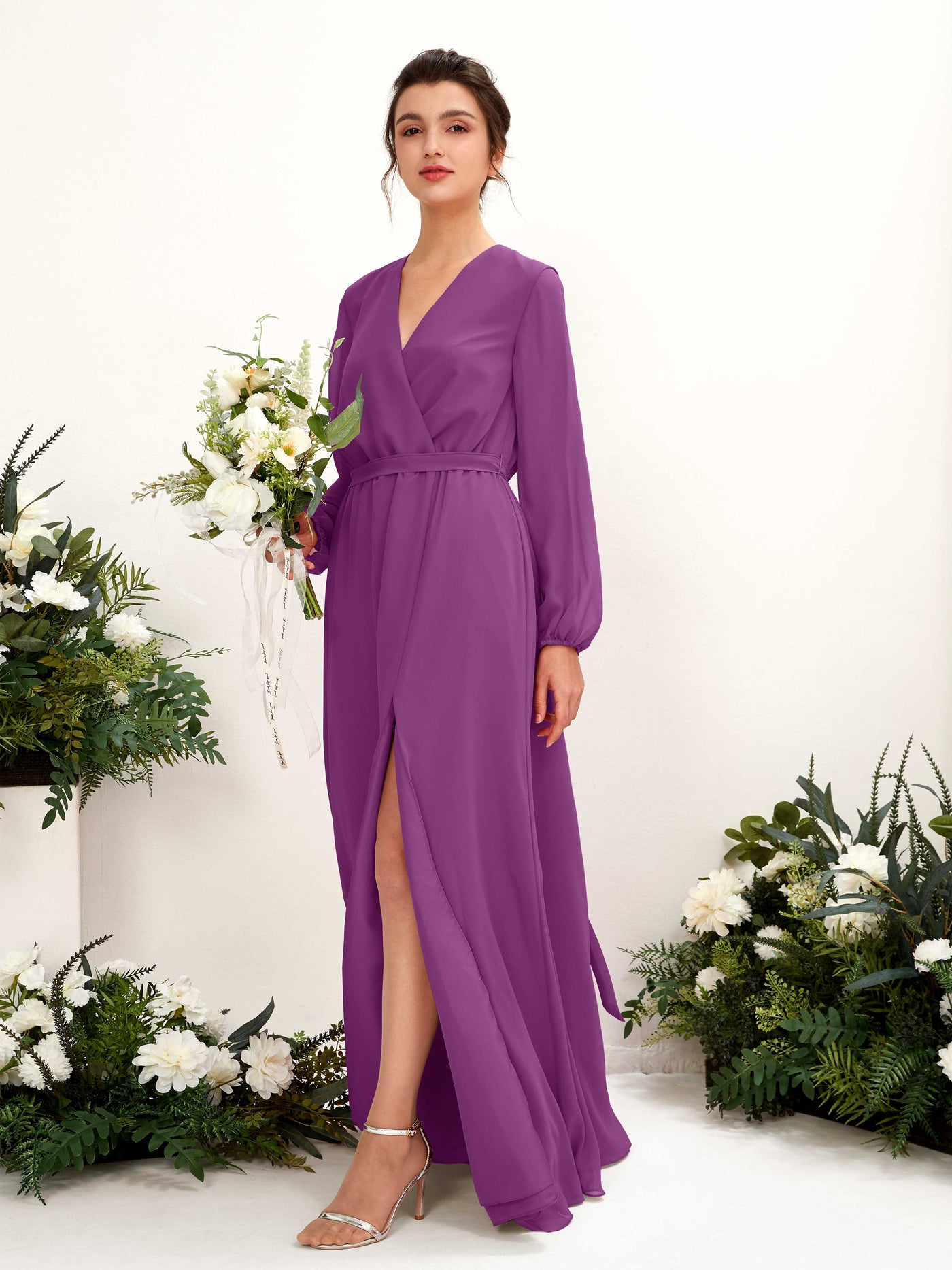 Carlyna Vestido línea A escote en V manga larga hasta el suelo dama de honor Púrpura #color_p-rpura