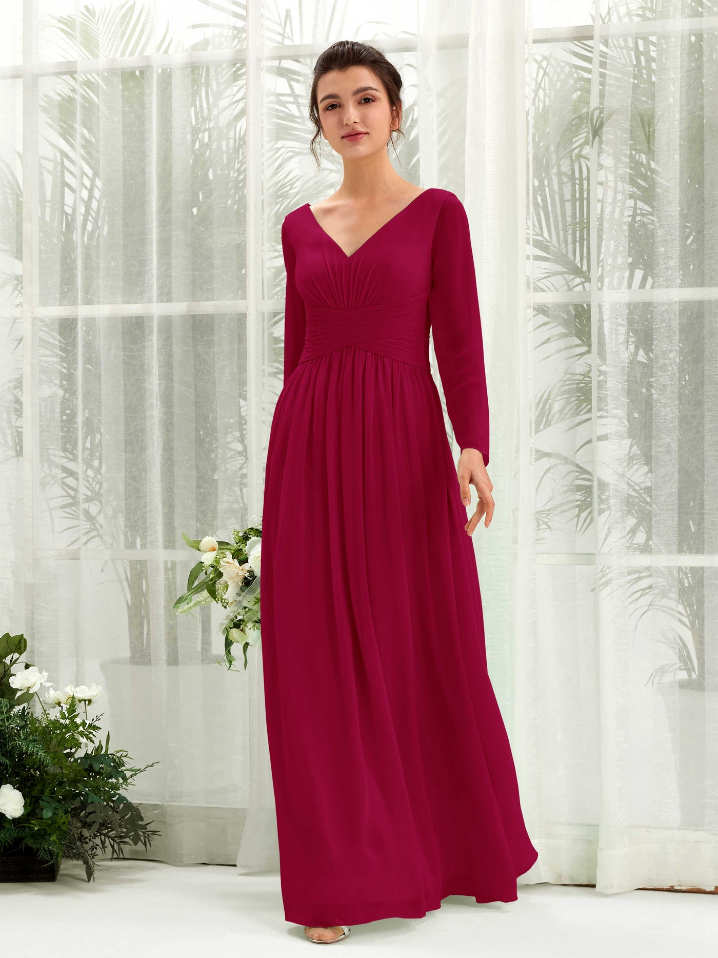 Carlyna Vestido línea A Escote en V Manga larga hasta el suelo dama de honor Rojo Bufón #color_rojo-buf-n