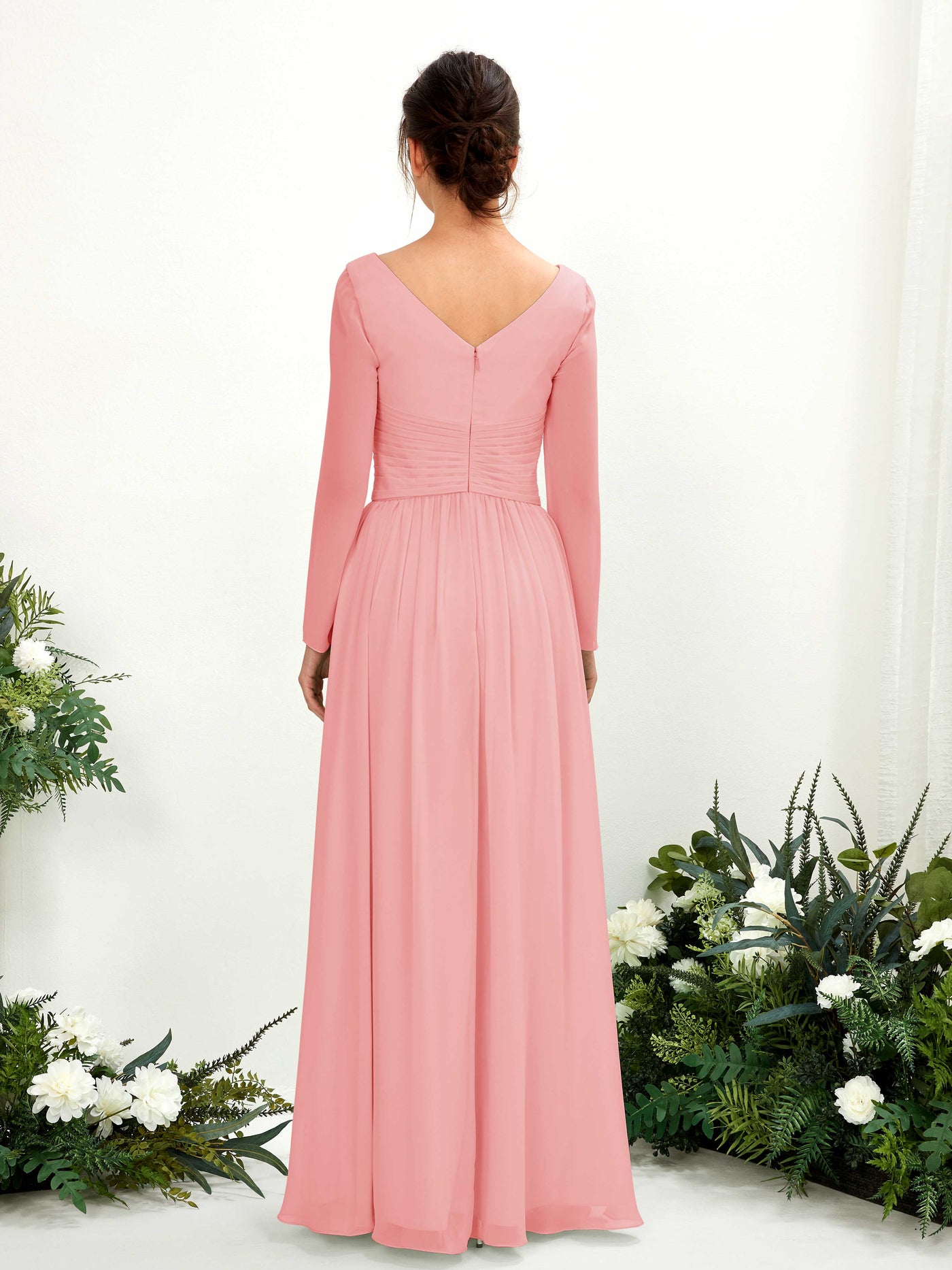 Carlyna Vestido línea A Escote en V Manga larga hasta el suelo dama de honor Rosa Ballet #color_rosa-ballet