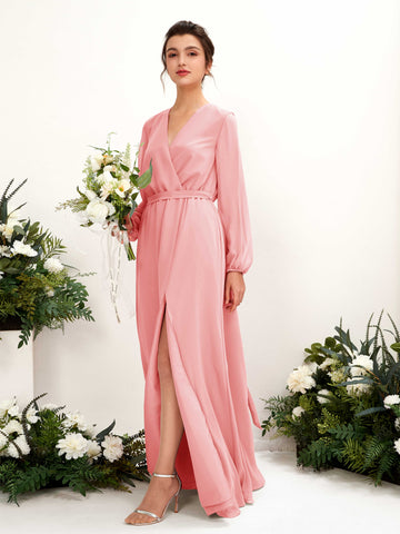 Carlyna Vestido línea A escote en V manga larga hasta el suelo dama de honor Rosa Ballet #color_rosa-ballet