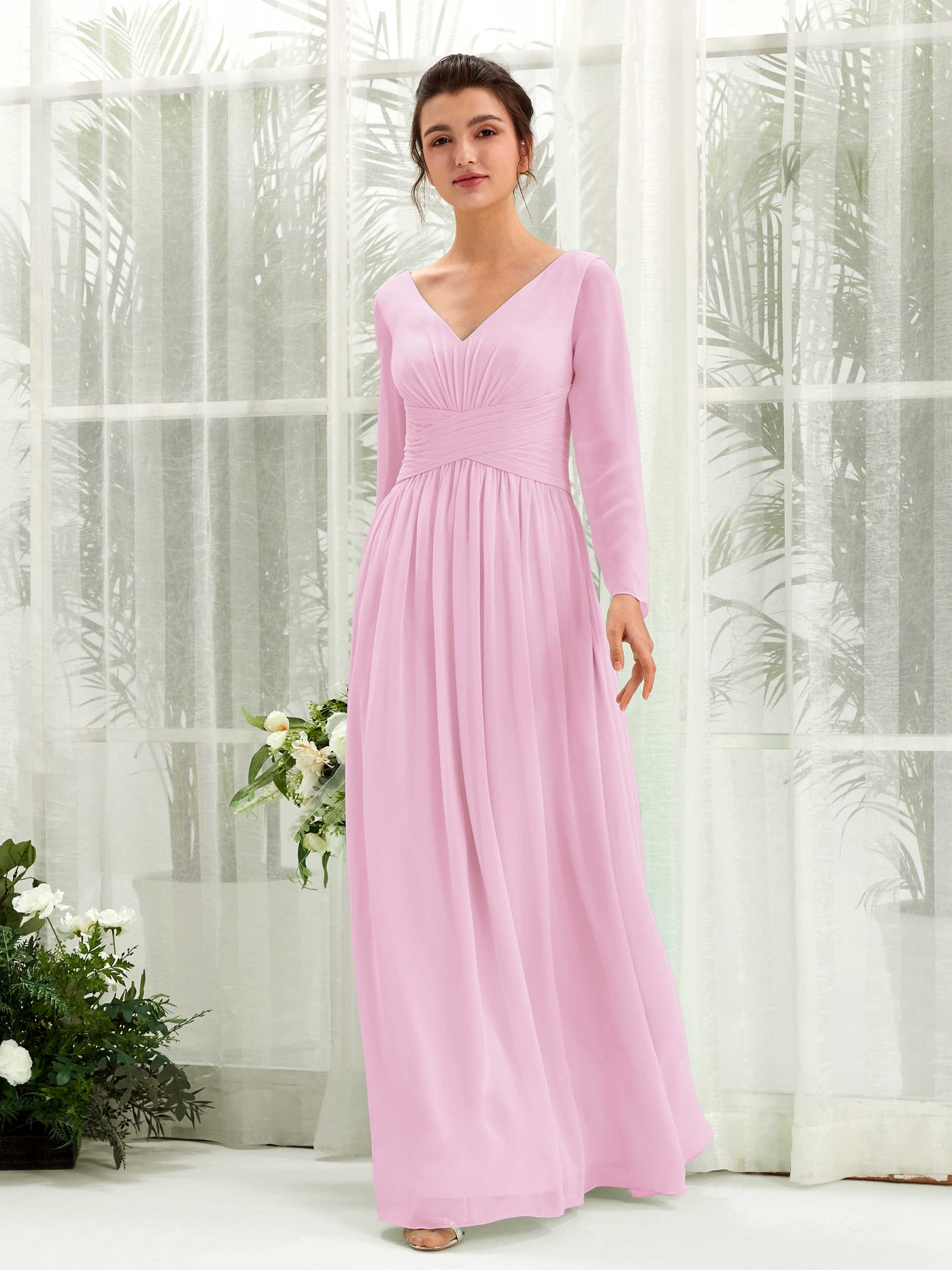 Carlyna Vestido línea A Escote en V Manga larga hasta el suelo dama de honor Rosa Caramelo #color_rosa-caramelo