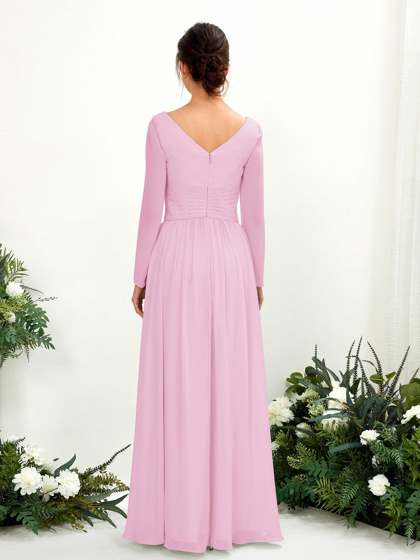 Carlyna Vestido línea A Escote en V Manga larga hasta el suelo dama de honor Rosa Caramelo #color_rosa-caramelo
