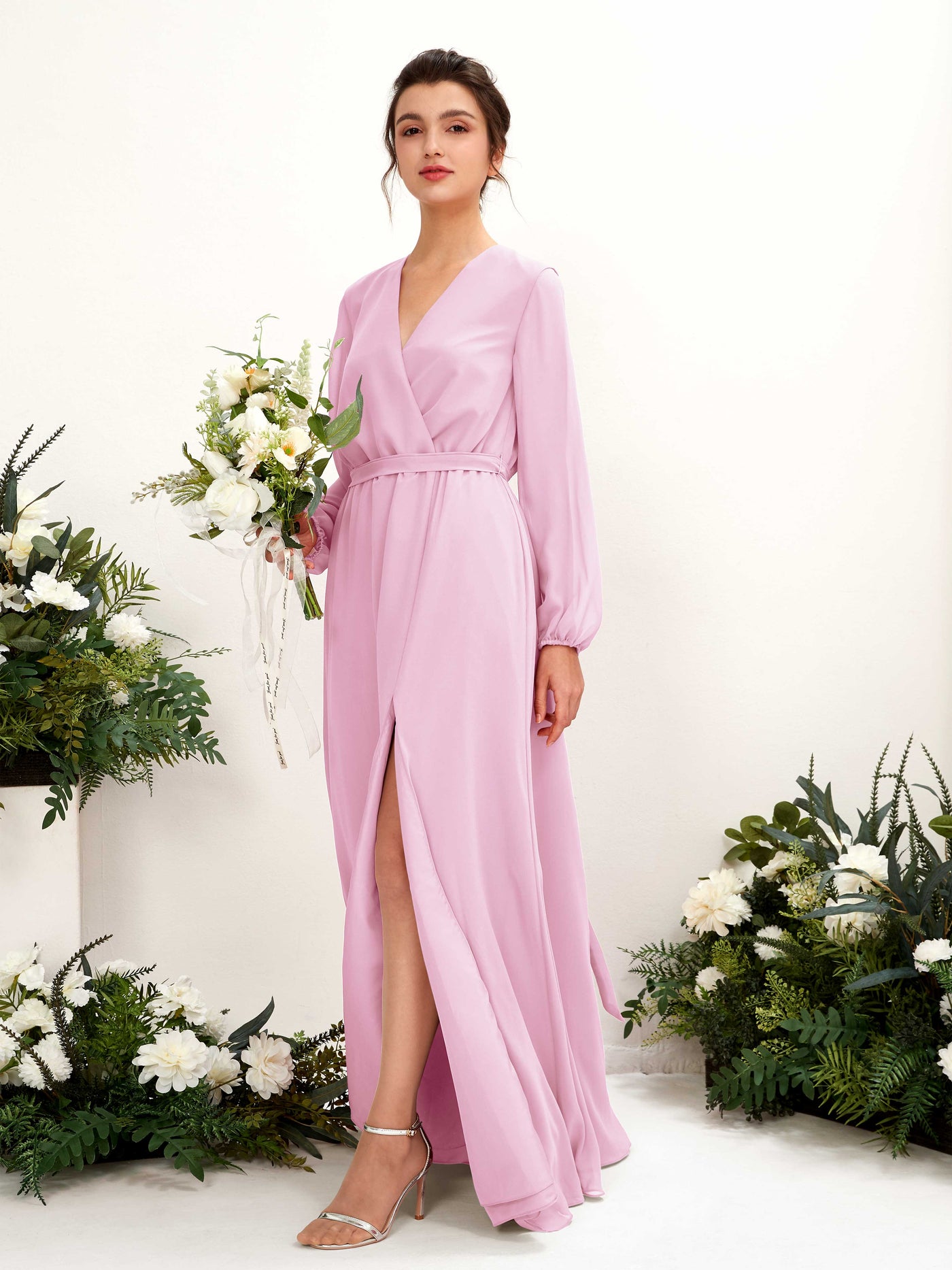Carlyna Vestido línea A escote en V manga larga hasta el suelo dama de honor Rosa Caramelo #color_rosa-caramelo