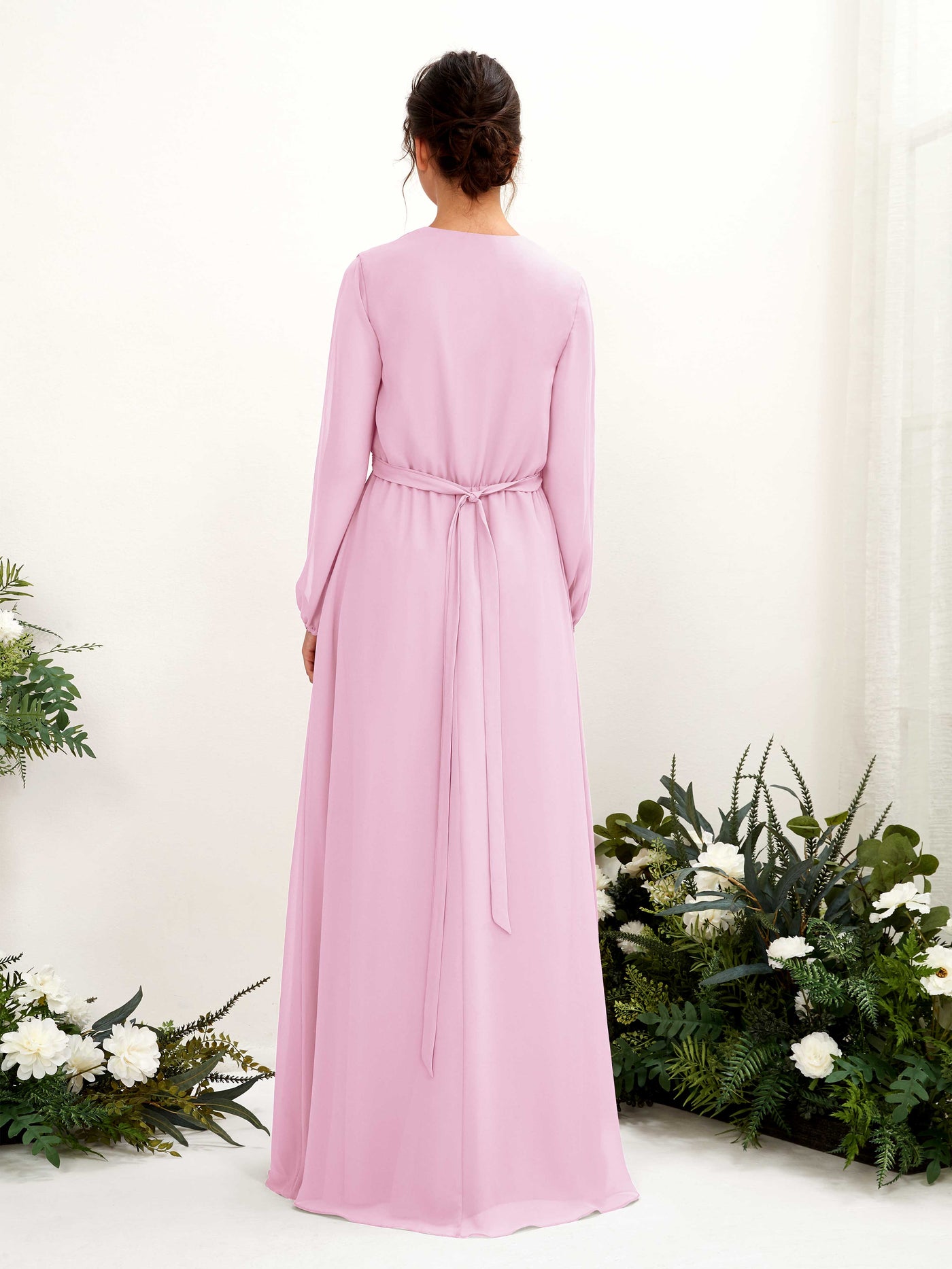 Carlyna Vestido línea A escote en V manga larga hasta el suelo dama de honor Rosa Caramelo #color_rosa-caramelo