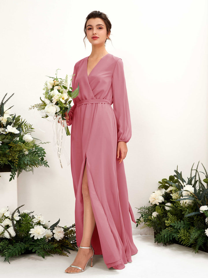 Carlyna Vestido línea A escote en V manga larga hasta el suelo dama de honor Rosa Del Desierto 