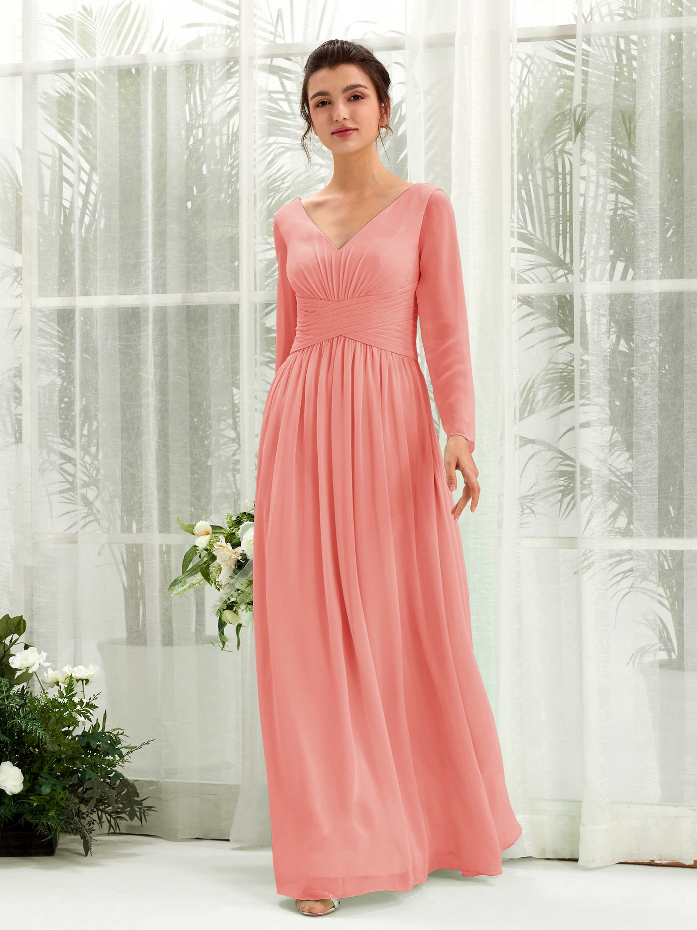 Carlyna Vestido línea A Escote en V Manga larga hasta el suelo dama de honor Rosa Melocotón #color_rosa-melocot-n