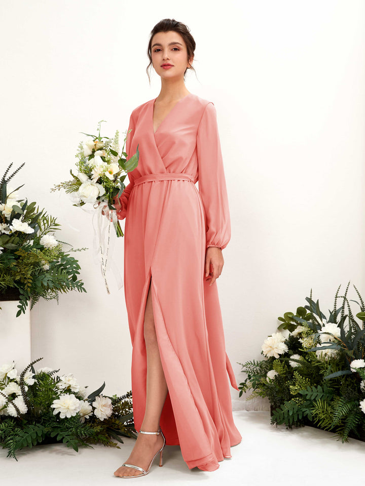 Carlyna Vestido línea A escote en V manga larga hasta el suelo dama de honor Rosa Melocotón 