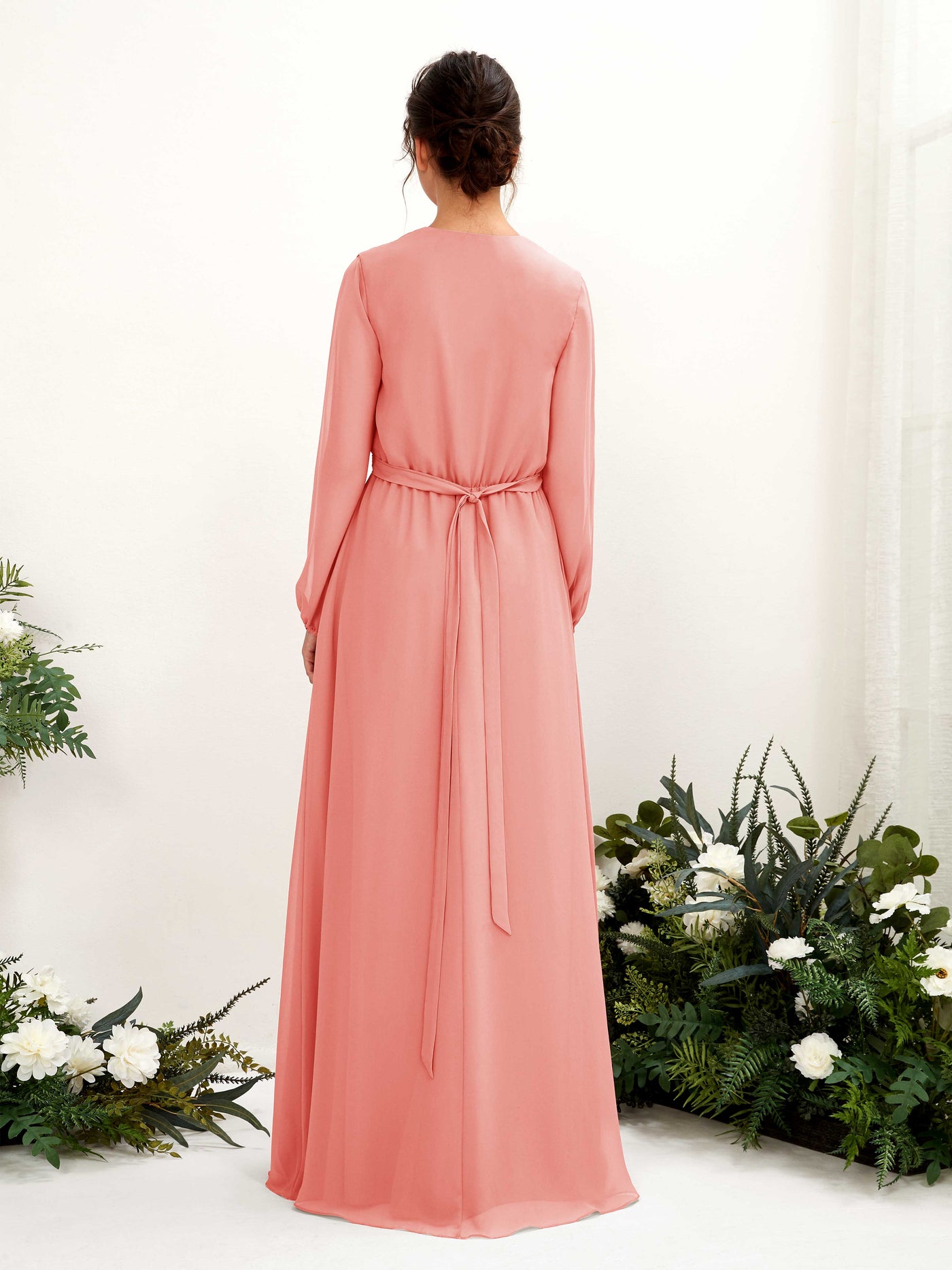 Carlyna Vestido línea A escote en V manga larga hasta el suelo dama de honor Rosa Melocotón #color_rosa-melocot-n