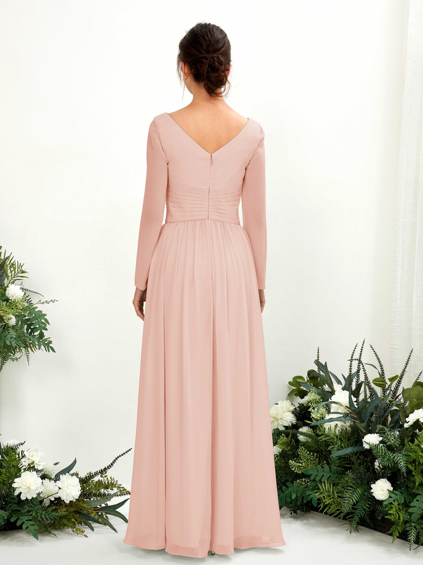 Carlyna Vestido línea A Escote en V Manga larga hasta el suelo dama de honor Rosa Perla #color_rosa-perla