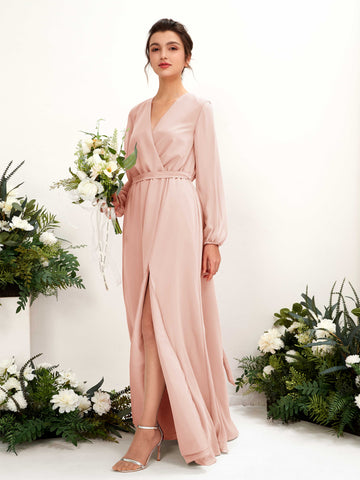 Carlyna Vestido línea A escote en V manga larga hasta el suelo dama de honor Rosa Perla #color_rosa-perla