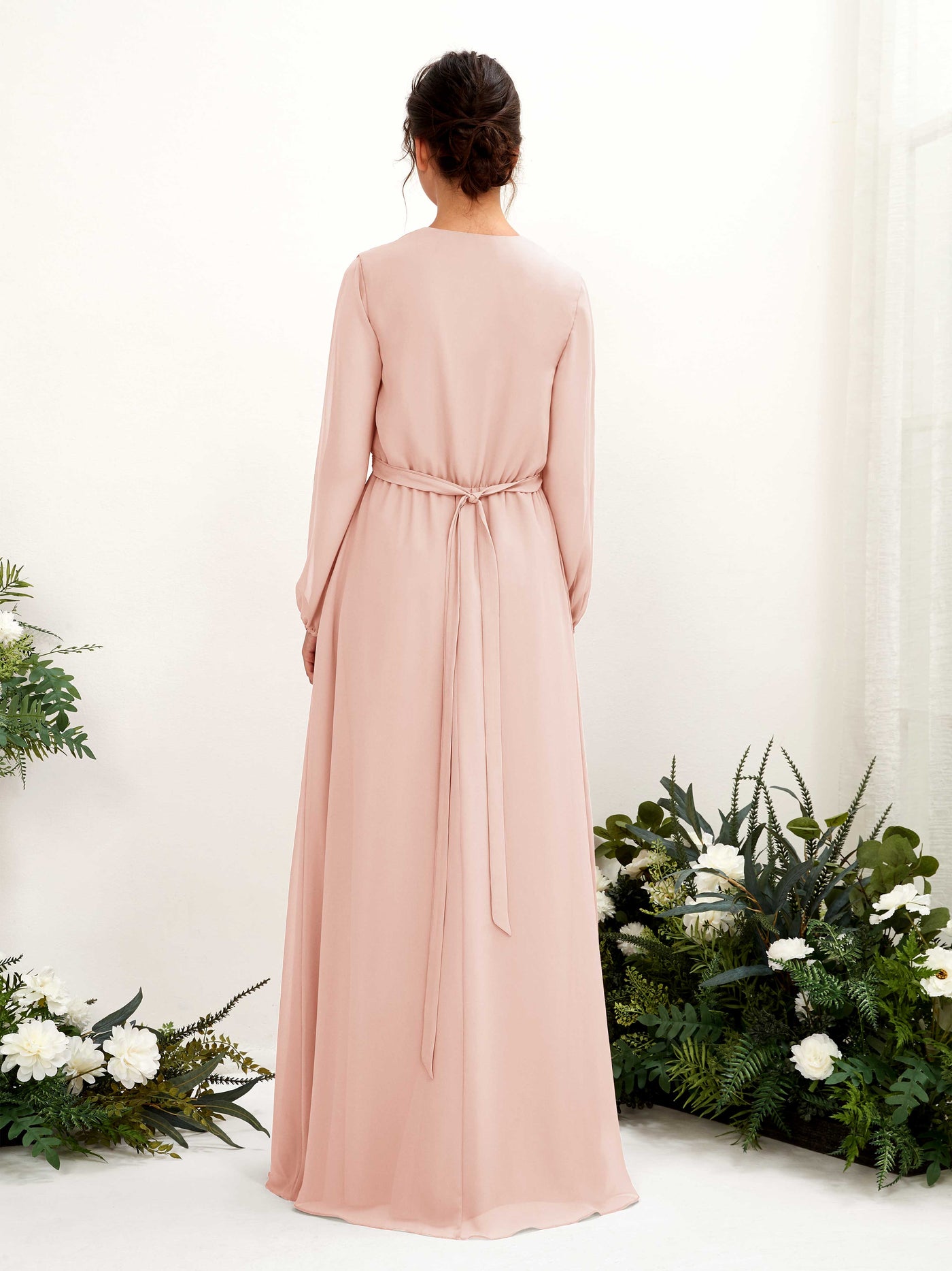 Carlyna Vestido línea A escote en V manga larga hasta el suelo dama de honor Rosa Perla #color_rosa-perla