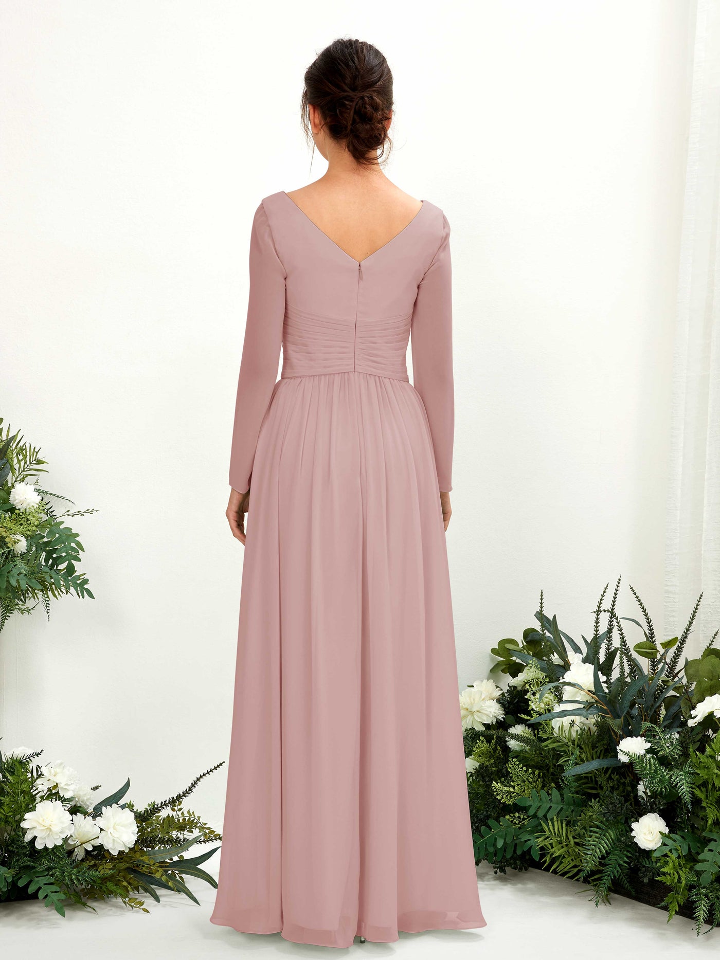 Carlyna Vestido línea A Escote en V Manga larga hasta el suelo dama de honor Rosa Polvorienta #color_rosa-polvorienta
