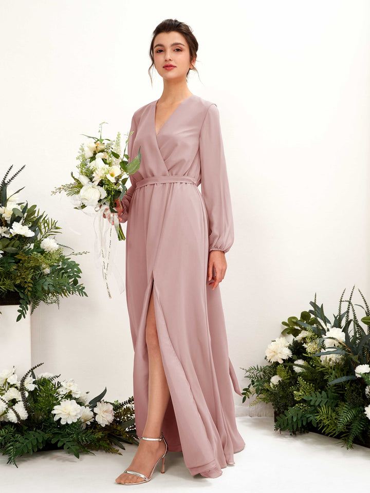 Carlyna Vestido línea A escote en V manga larga hasta el suelo dama de honor Rosa Polvorienta 