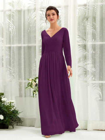 Carlyna Vestido línea A Escote en V Manga larga hasta el suelo dama de honor Uva #color_uva