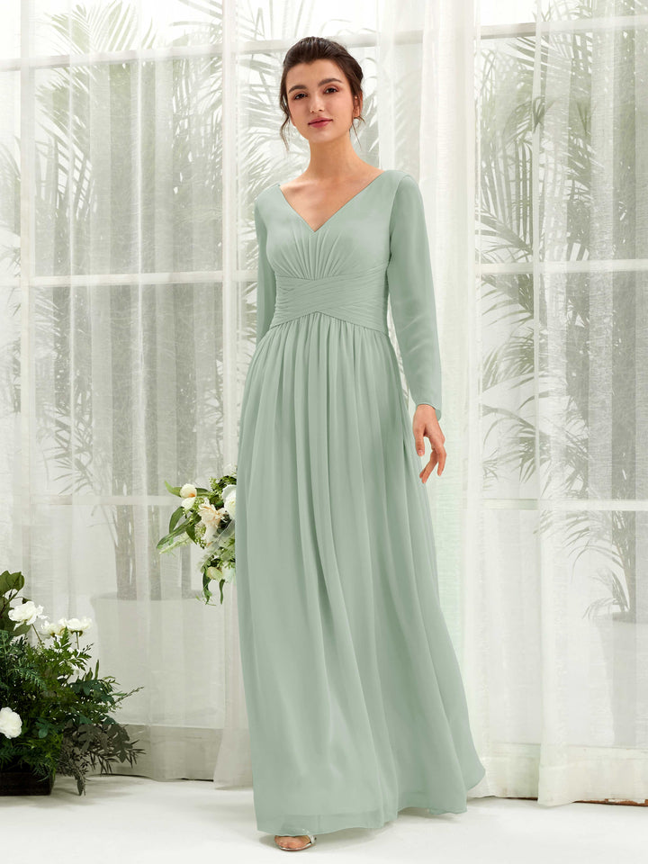 Carlyna Vestido línea A Escote en V Manga larga hasta el suelo dama de honor Verde Salvia 
